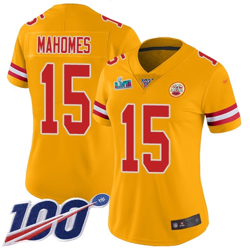 Chiefs #15 Patrick Mahomes Gold Super Bowl LVII Patch Women's Stitched Limited Inverted Legend 100th Season Jersey cheap jerseys for sale - CheapJerseys.Shop