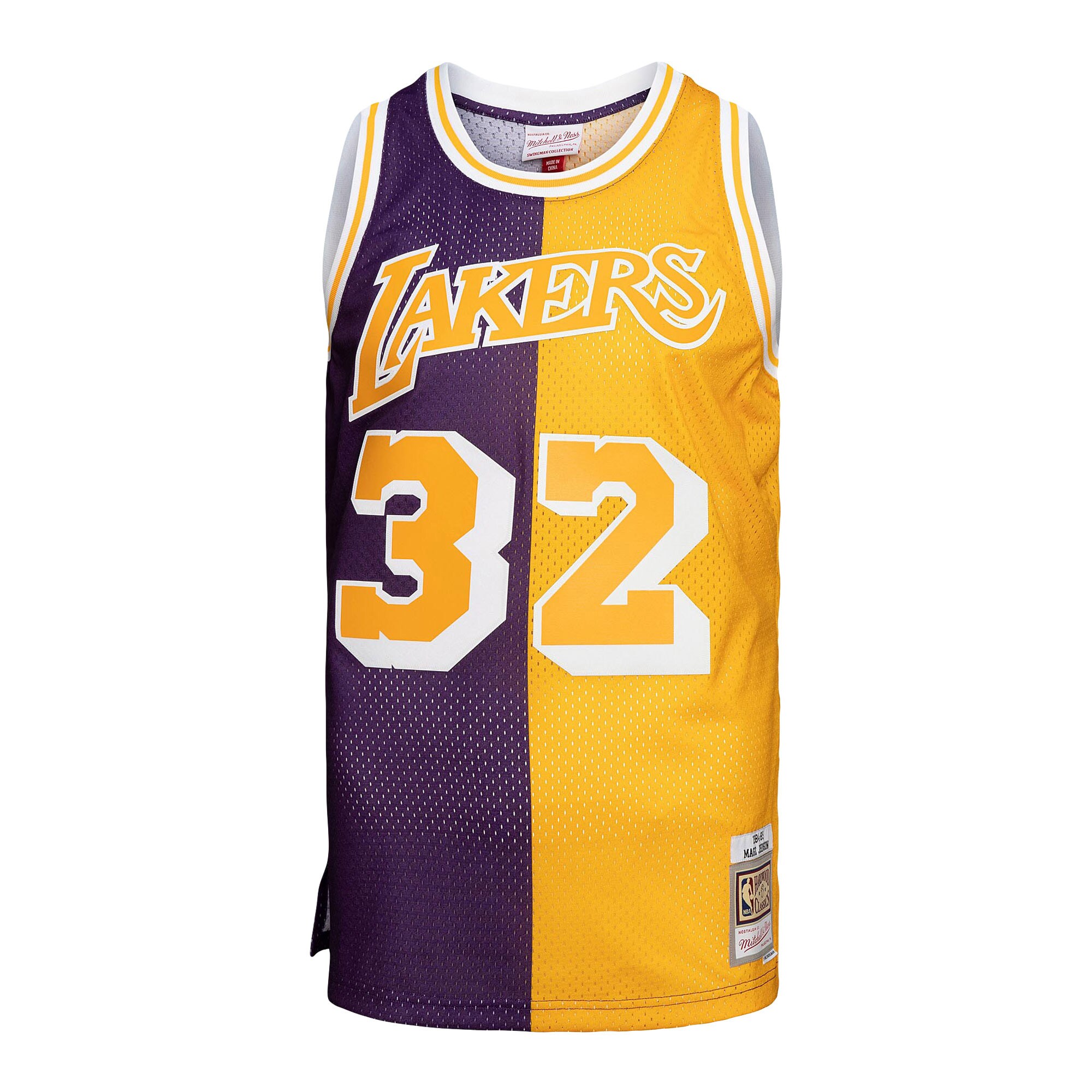 Magic Johnson Los Angeles Lakers Mitchell & Ness Big & Tall Hardwood Classics 1984\/85 Split Swingman Jersey - Purple\/Gold cheap jerseys for sale - CheapJerseys.Shop
