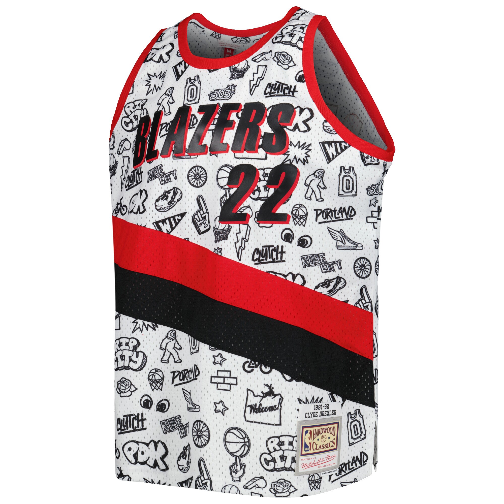 Clyde Drexler Portland Trail Blazers Mitchell & Ness 1991\/92 Hardwood Classics Doodle Swingman Player Jersey - White cheap jerseys for sale - CheapJerseys.Shop