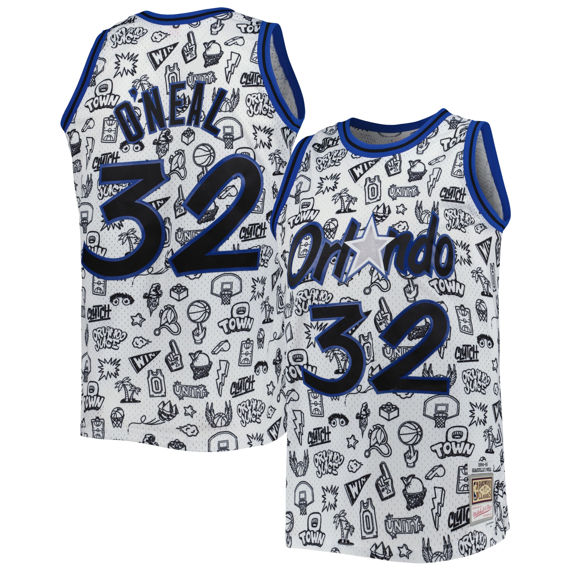 Shaquille O'Neal Orlando Magic Mitchell & Ness 1994\/95 Hardwood Classics Doodle Swingman Jersey - White cheap jerseys for sale - CheapJerseys.Shop