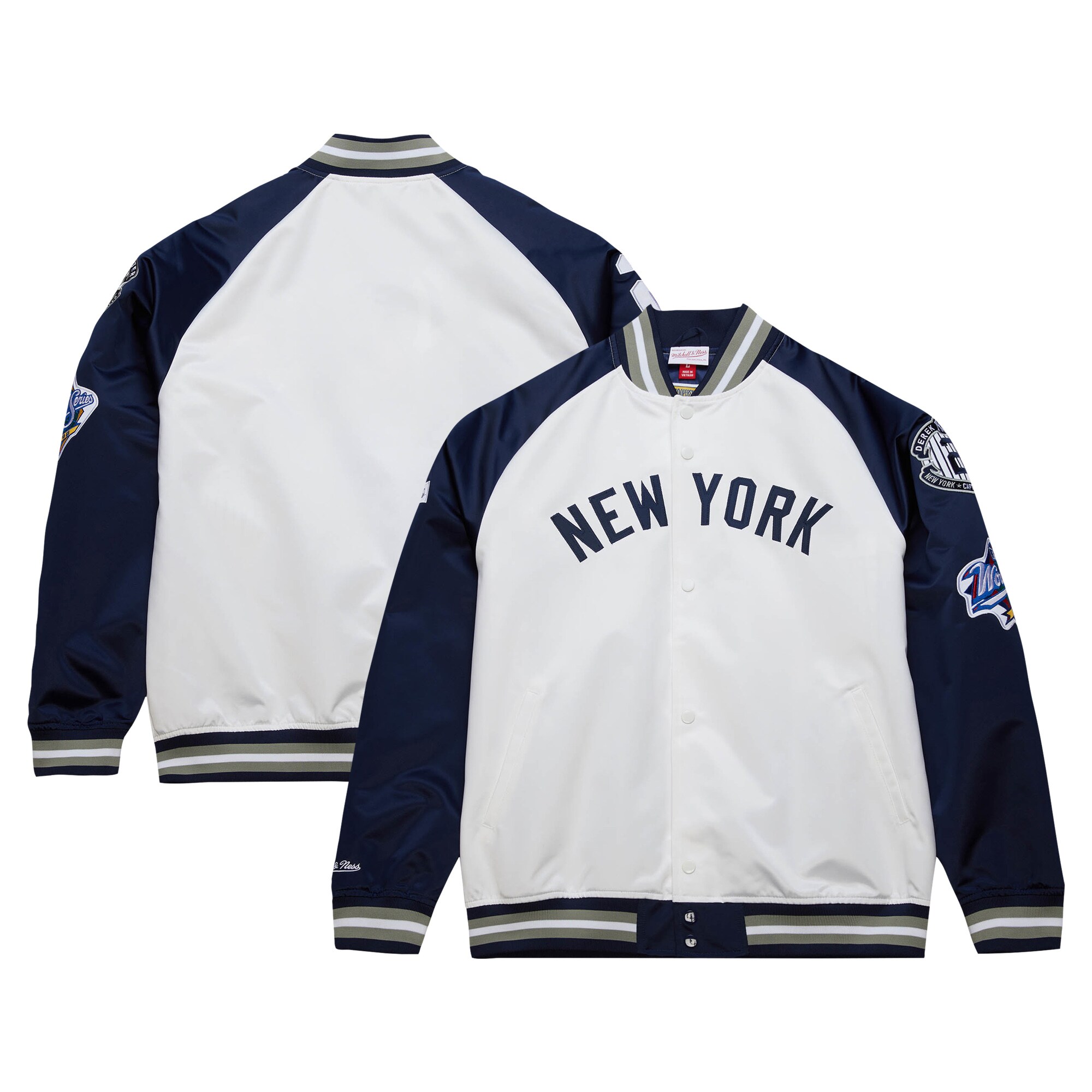 Derek Jeter New York Yankees Mitchell & Ness Cooperstown Collection Legends Lightweight Satin Raglan Full-Snap Jacket - White\/Navy cheap jerseys for sale - CheapJerseys.Shop