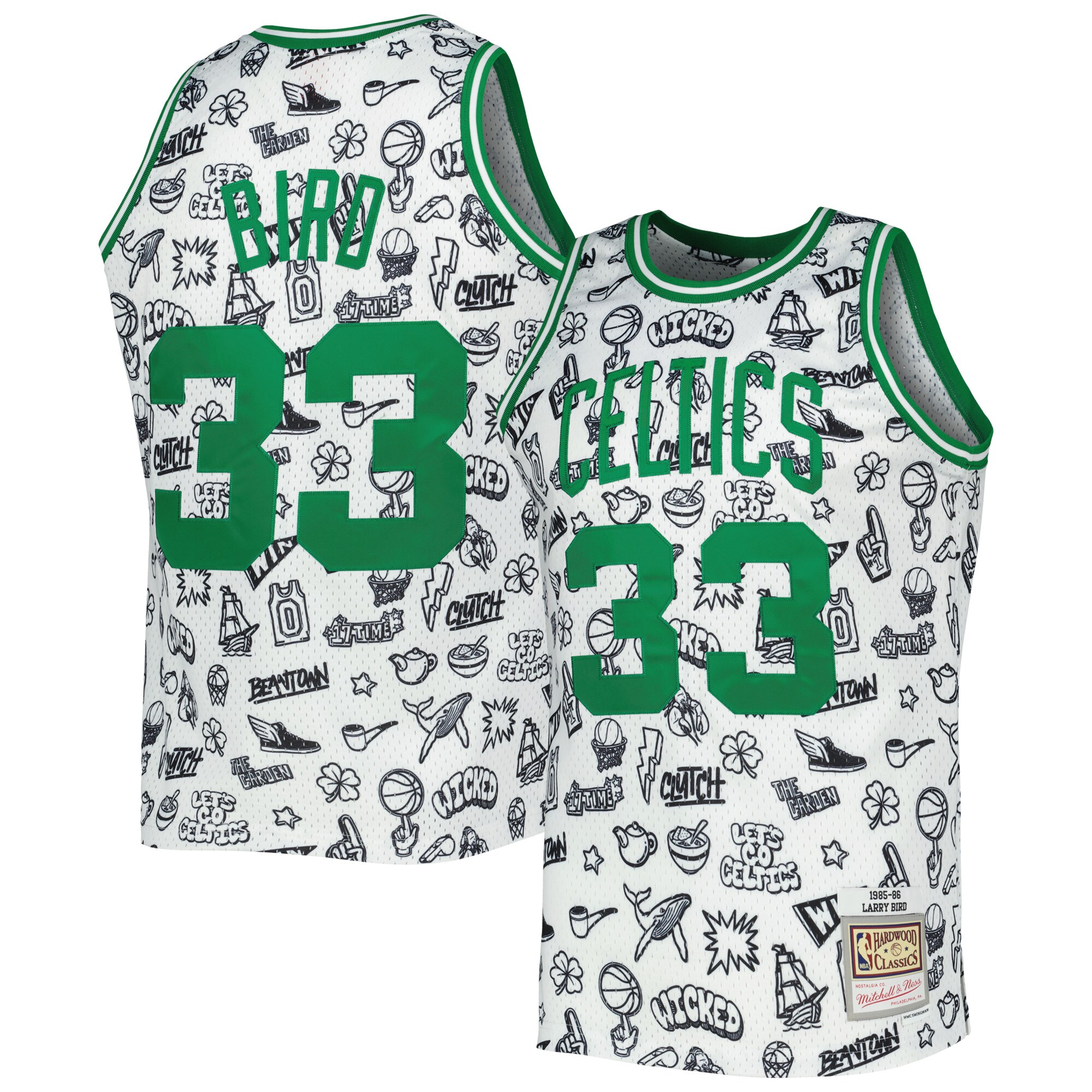 Larry Bird Boston Celtics Mitchell & Ness 1985\/86 Hardwood Classics Doodle Swingman Jersey - White cheap jerseys for sale - CheapJerseys.Shop