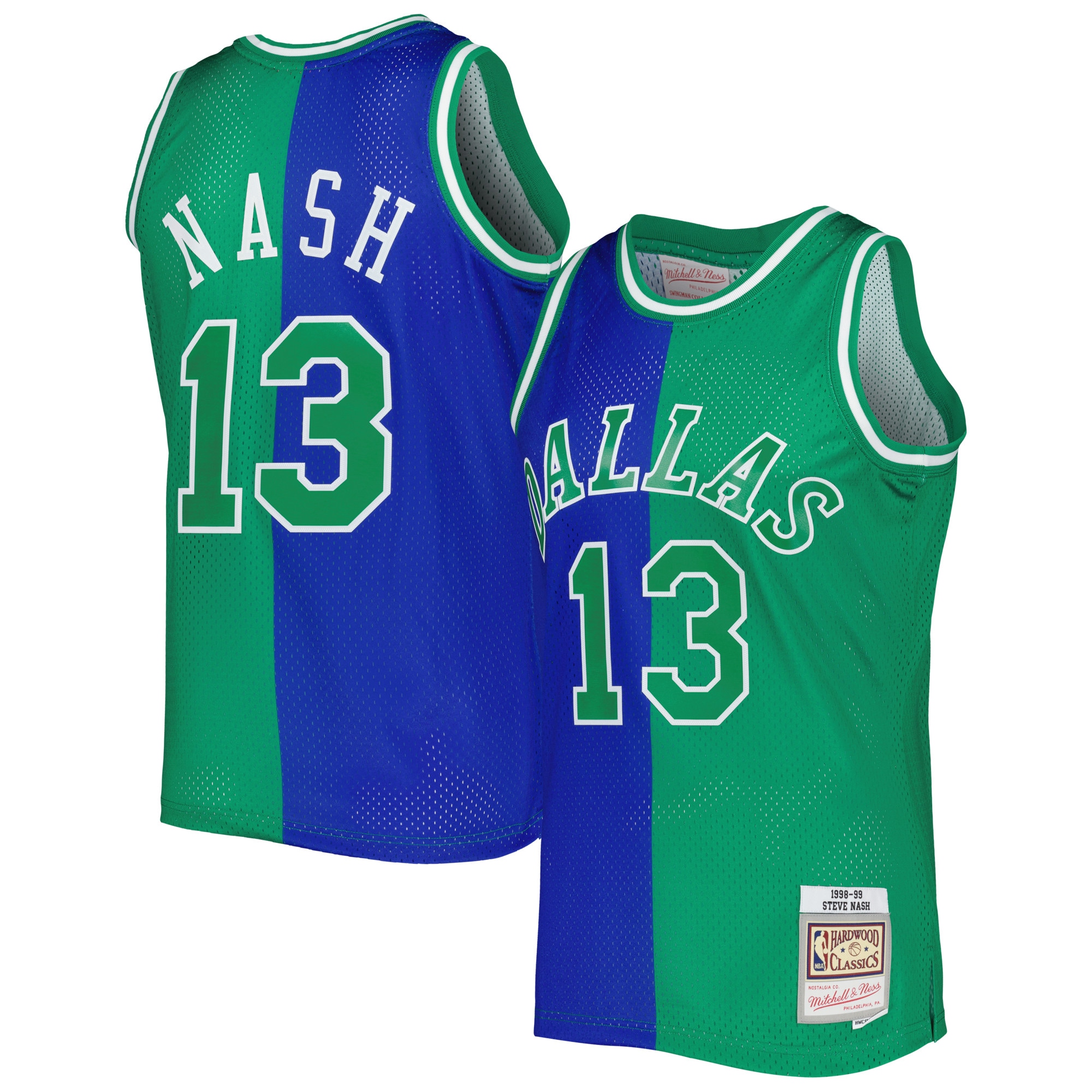 Steve Nash Dallas Mavericks Mitchell & Ness Hardwood Classics 1998\/99 Split Swingman Jersey - Blue\/Green cheap jerseys for sale - CheapJerseys.Shop