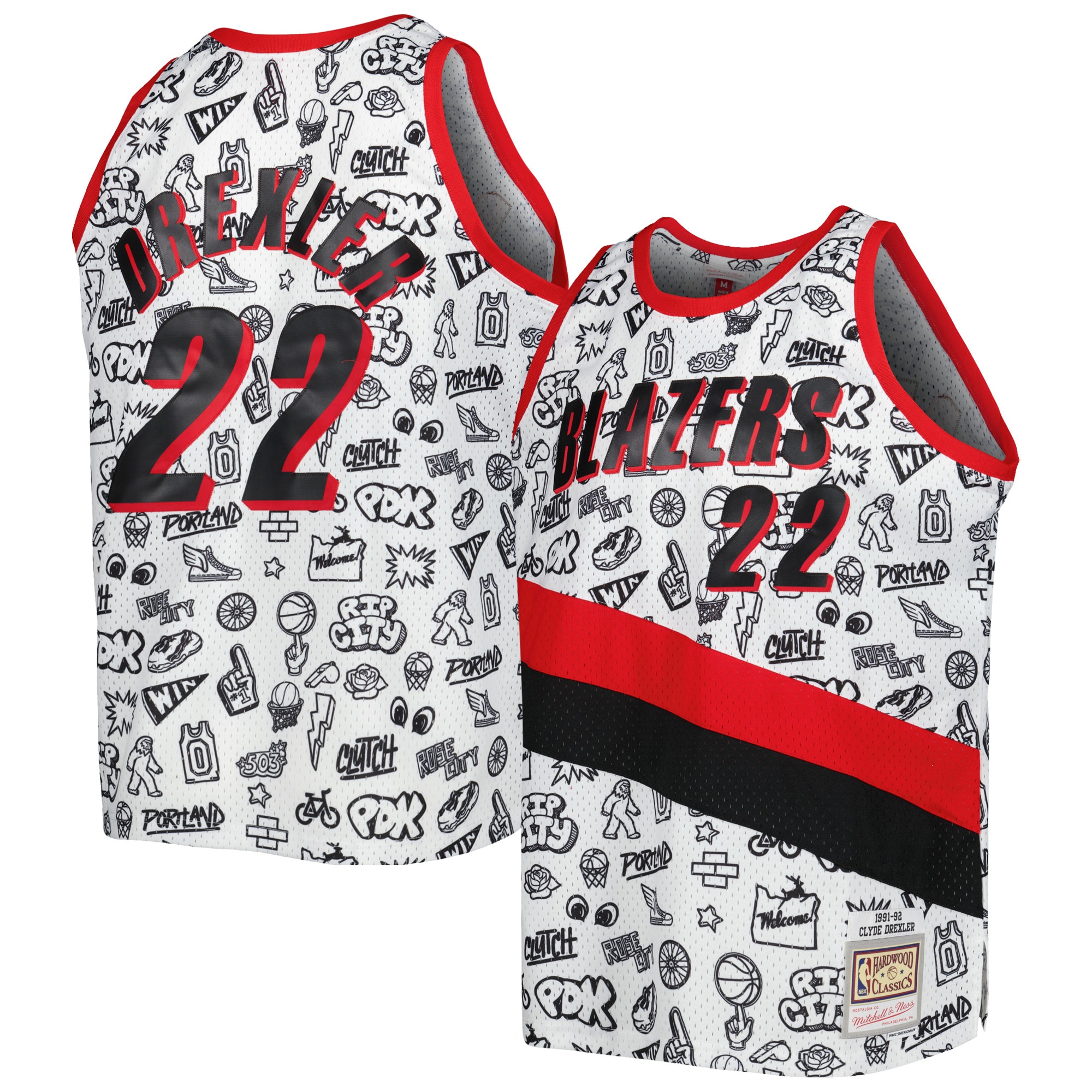 Clyde Drexler Portland Trail Blazers Mitchell & Ness 1991\/92 Hardwood Classics Doodle Swingman Player Jersey - White cheap jerseys for sale - CheapJerseys.Shop