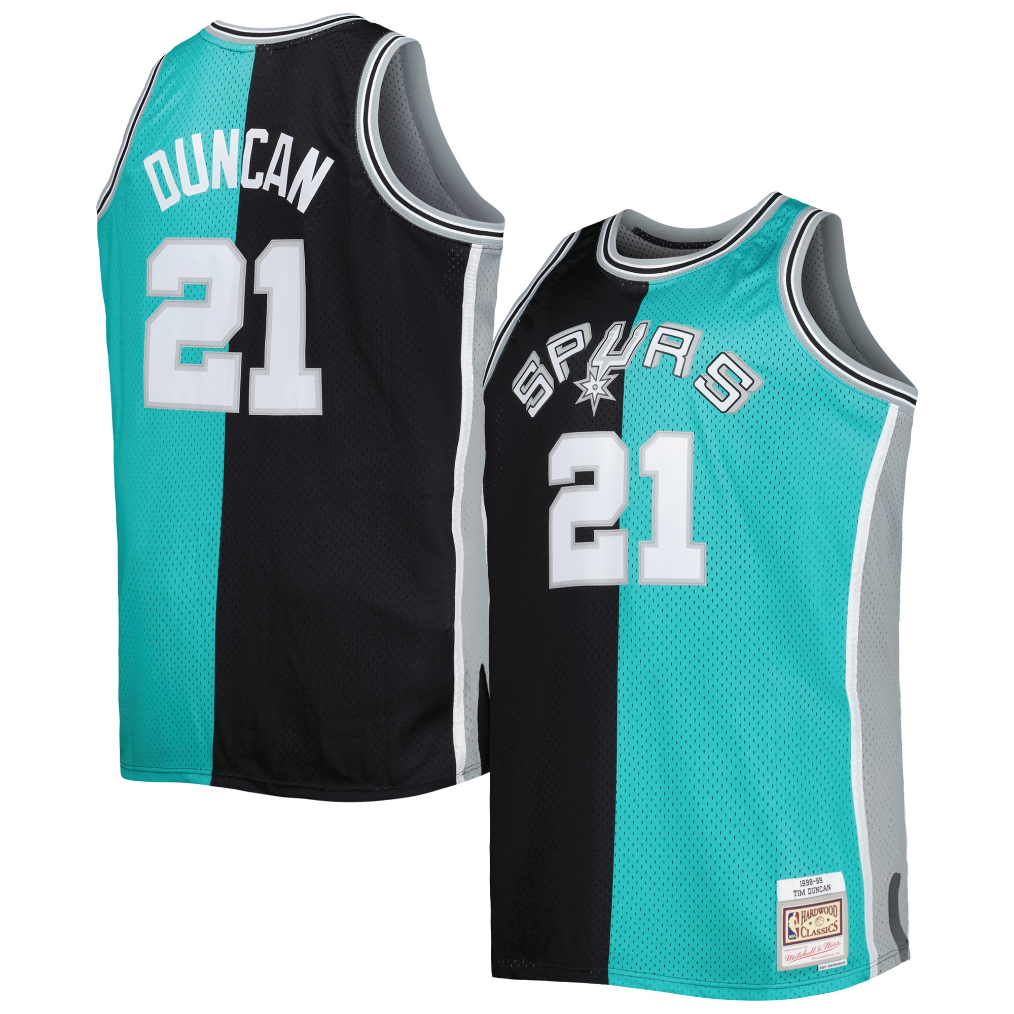 Tim Duncan San Antonio Spurs Mitchell & Ness Big & Tall Hardwood Classics 1998\/99 Split Swingman Jersey - Black\/Teal cheap jerseys for sale - CheapJerseys.Shop
