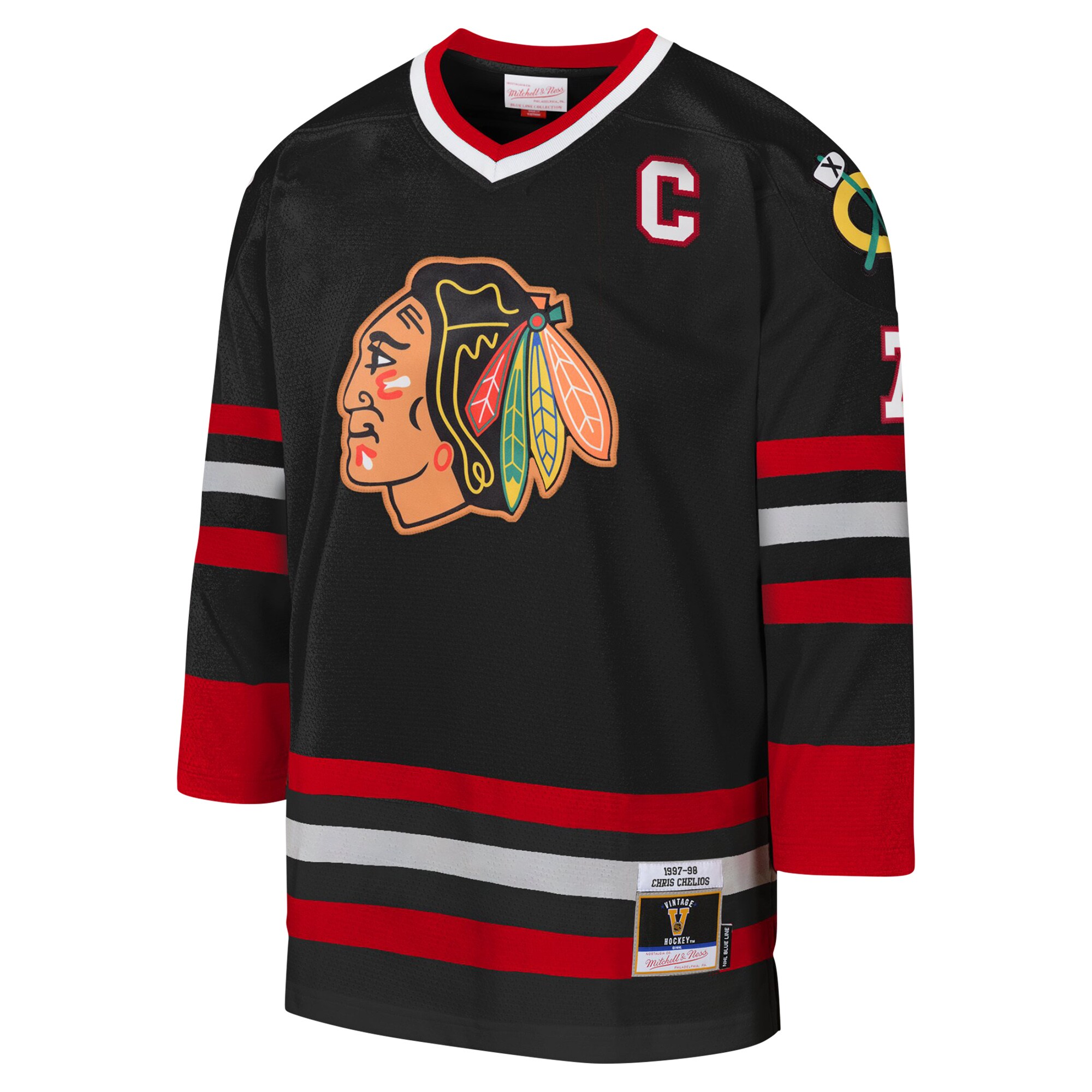 Chris Chelios Chicago Blackhawks Mitchell & Ness Youth 1997-98 Blue Line Captain Patch Player Jersey - Black cheap jerseys for sale - CheapJerseys.Shop