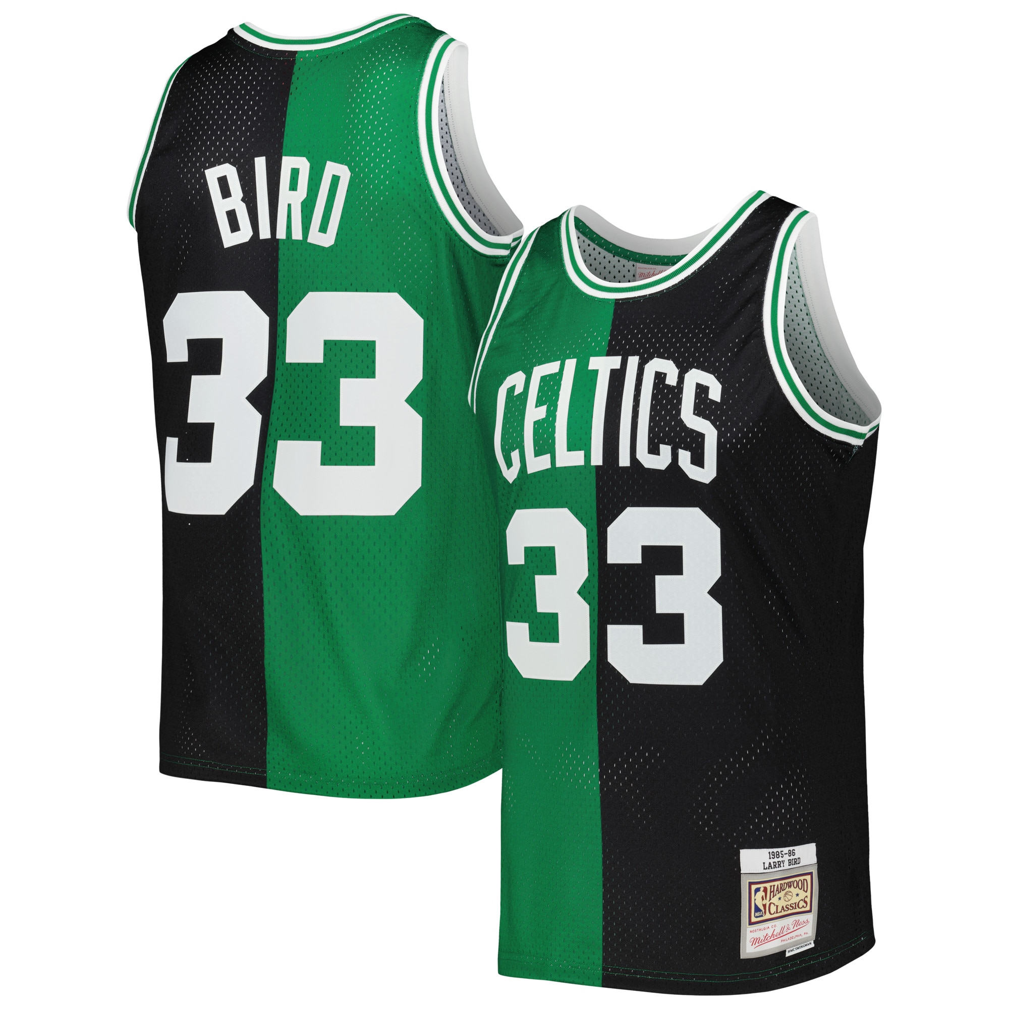 Larry Bird Boston Celtics Mitchell & Ness Hardwood Classics 1985\/86 Split Swingman Jersey - Black\/Kelly Green cheap jerseys for sale - CheapJerseys.Shop