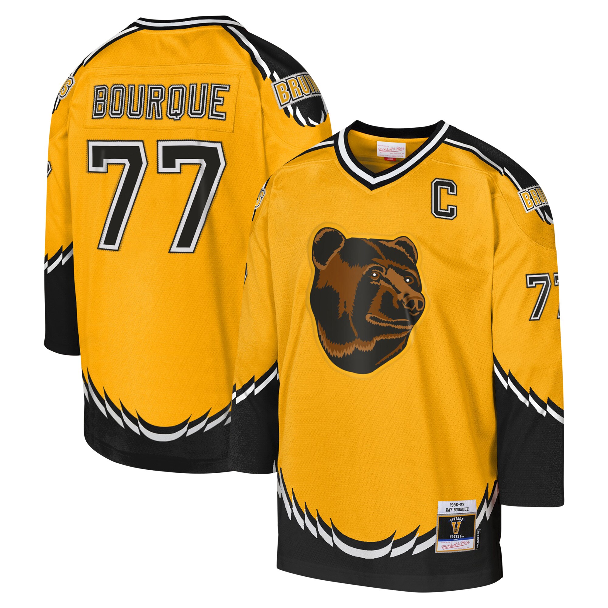 Ray Bourque Boston Bruins Mitchell & Ness Youth 1996-97 Blue Line Captain Patch Player Jersey - Gold cheap jerseys for sale - CheapJerseys.Shop