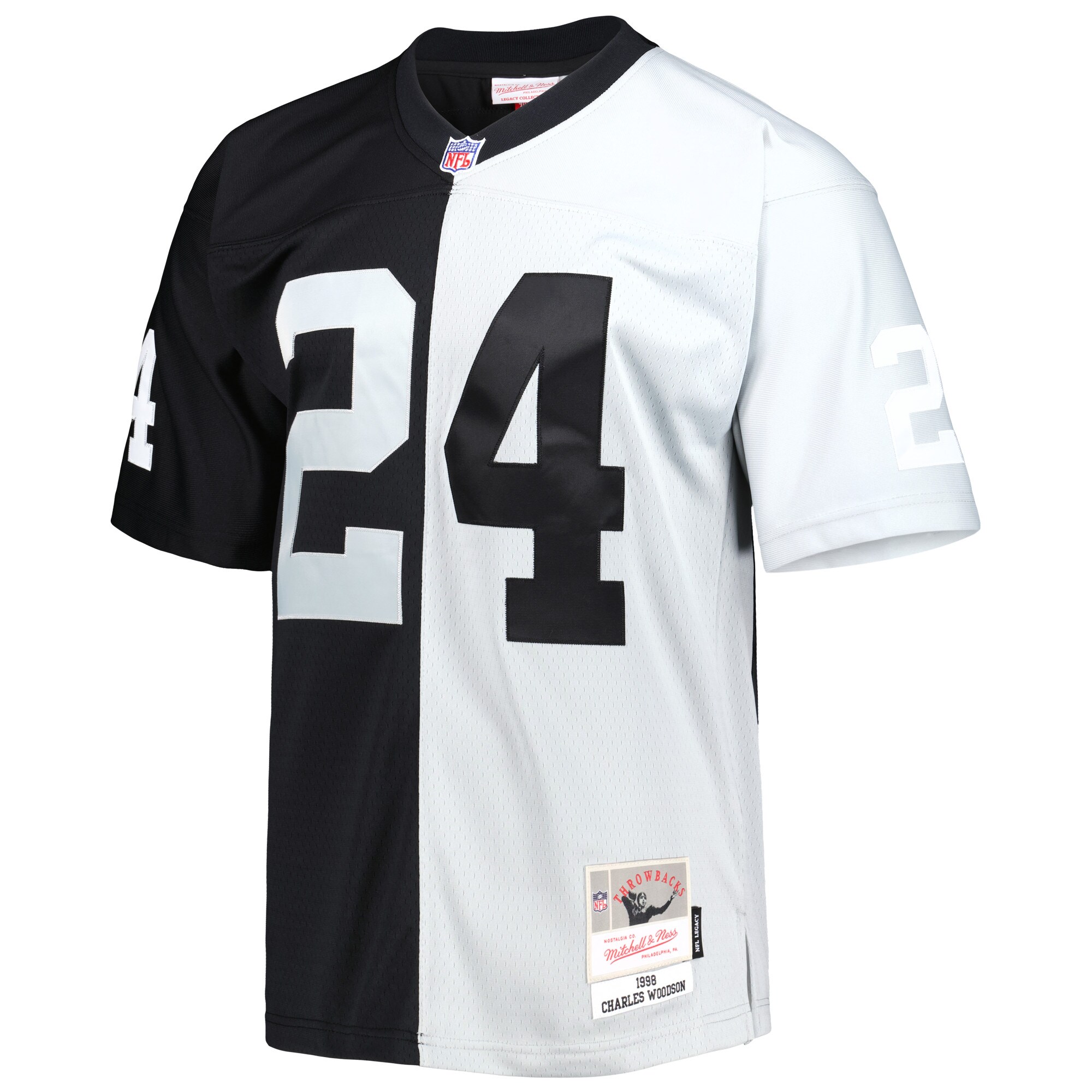 Charles Woodson Las Vegas Raiders Mitchell & Ness 1998 Split Legacy Replica Jersey - Black\/Silver cheap jerseys for sale - CheapJerseys.Shop
