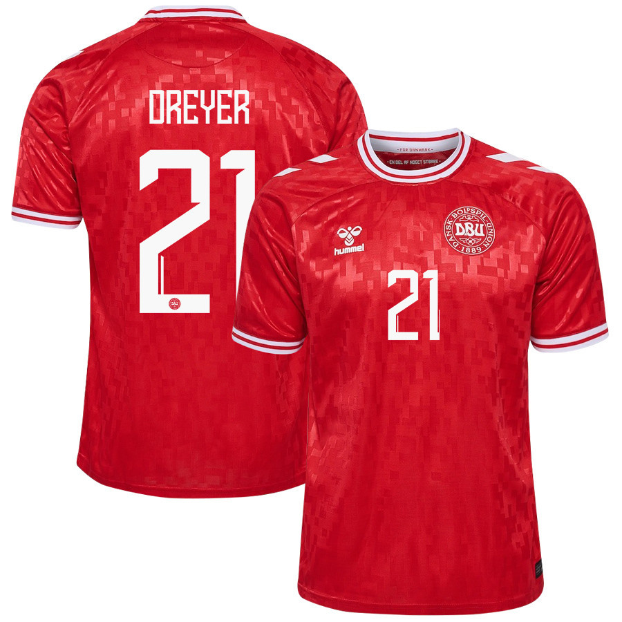 Anders Dreyer 21 Denmark National Team 2024/25 Home Men Jersey - Red cheap jerseys for sale - CheapJerseys.Shop