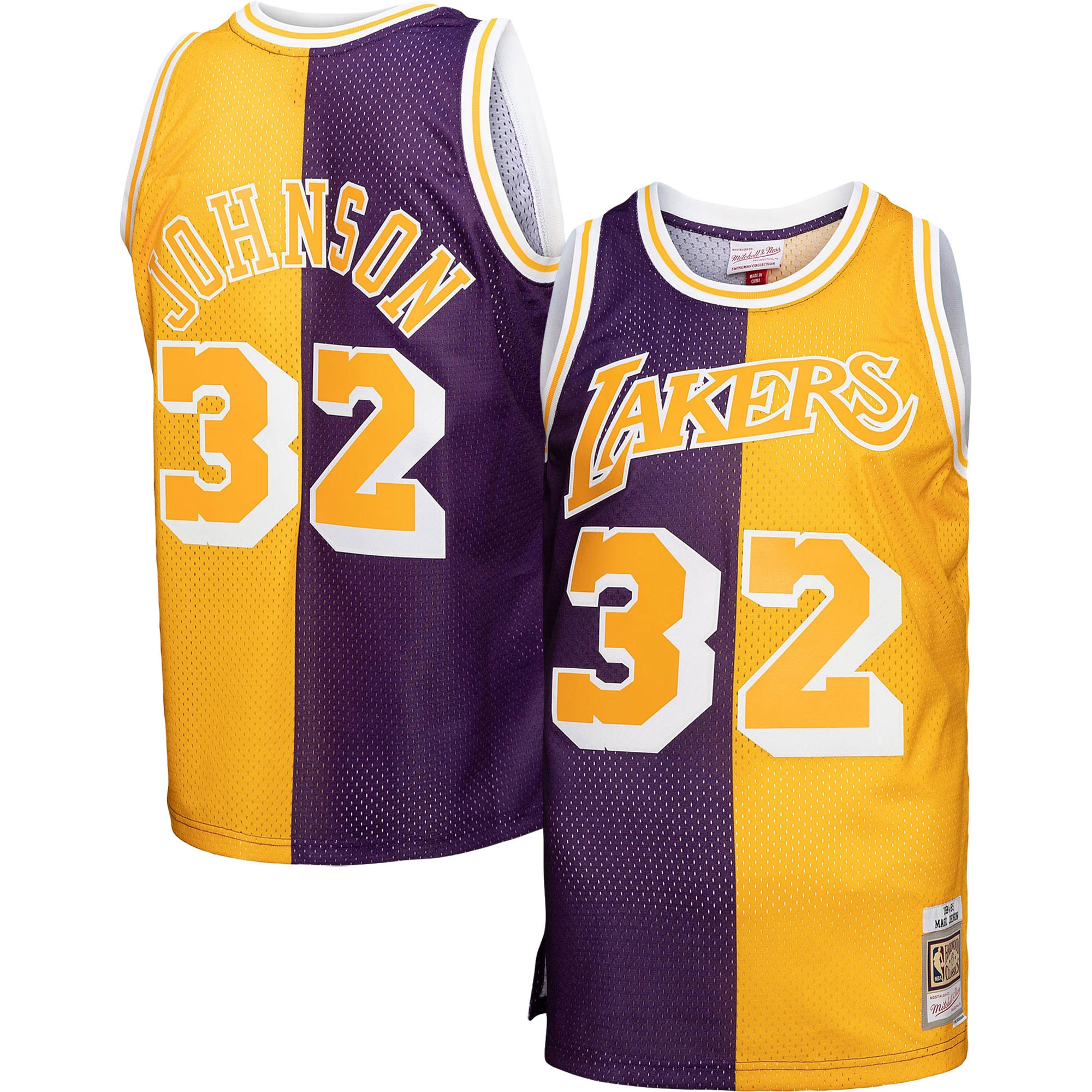 Magic Johnson Los Angeles Lakers Mitchell & Ness Big & Tall Hardwood Classics 1984\/85 Split Swingman Jersey - Purple\/Gold cheap jerseys for sale - CheapJerseys.Shop