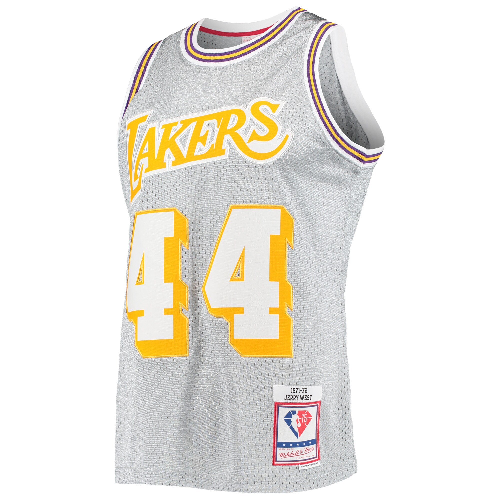 Jerry West Los Angeles Lakers Mitchell & Ness 75th Anniversary 1971\/72 Hardwood Classics Swingman Jersey - Silver cheap jerseys for sale - CheapJerseys.Shop