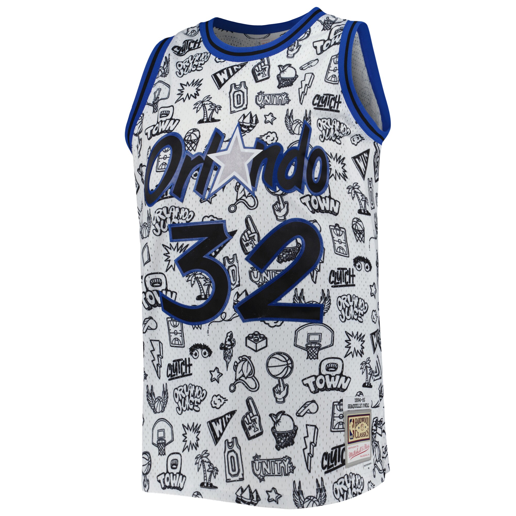 Shaquille O'Neal Orlando Magic Mitchell & Ness 1994\/95 Hardwood Classics Doodle Swingman Jersey - White cheap jerseys for sale - CheapJerseys.Shop