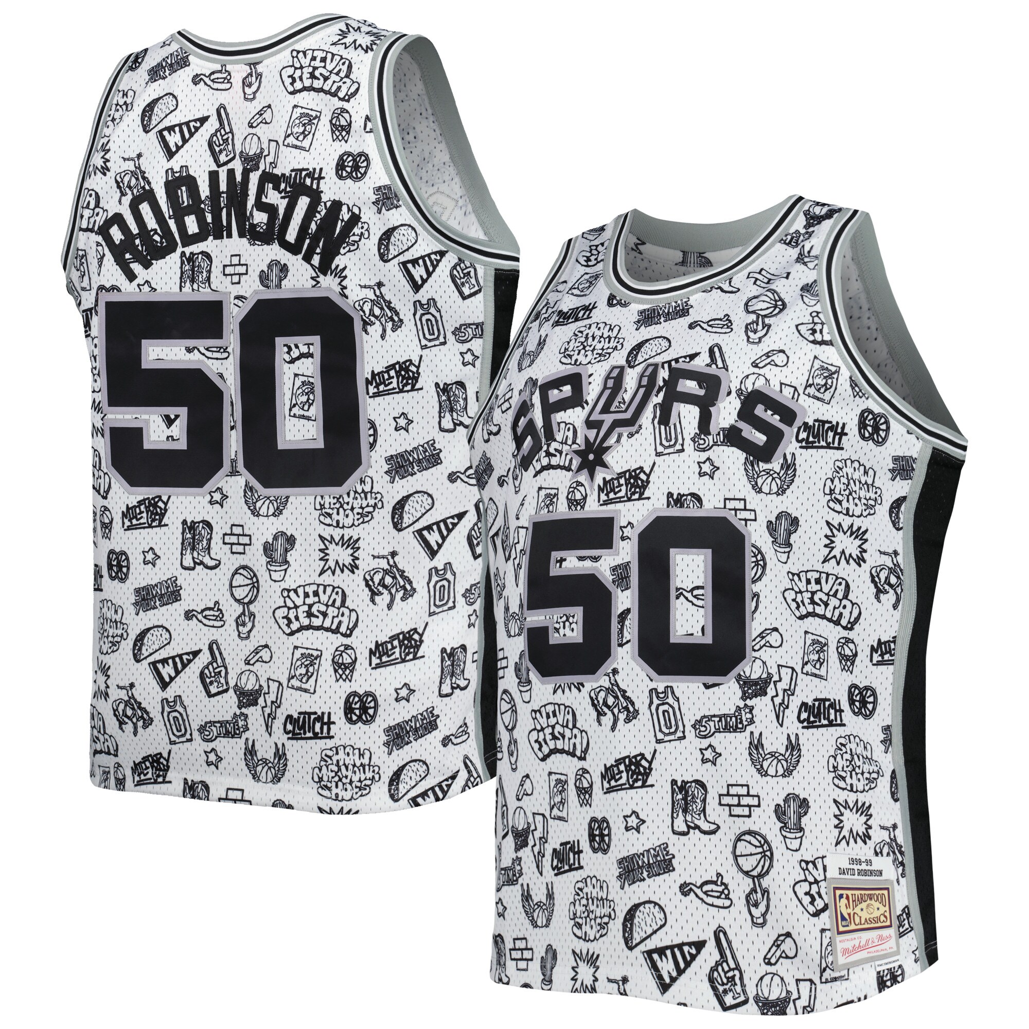 David Robinson San Antonio Spurs Mitchell & Ness 1998\/99 Hardwood Classics Doodle Swingman Player Jersey - White cheap jerseys for sale - CheapJerseys.Shop