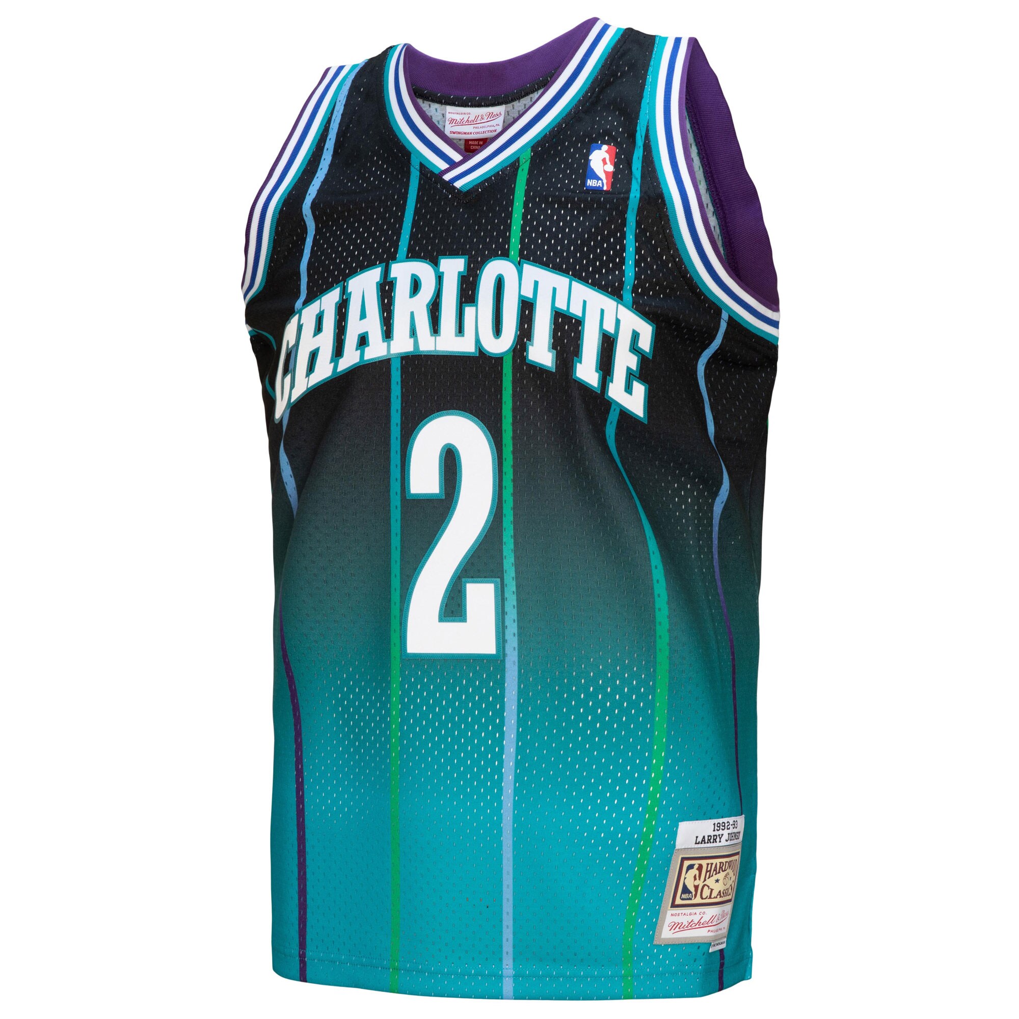 Larry Johnson Charlotte Hornets Mitchell & Ness 1992\/93 Hardwood Classics Fadeaway Swingman Player Jersey - Teal\/Black cheap jerseys for sale - CheapJerseys.Shop