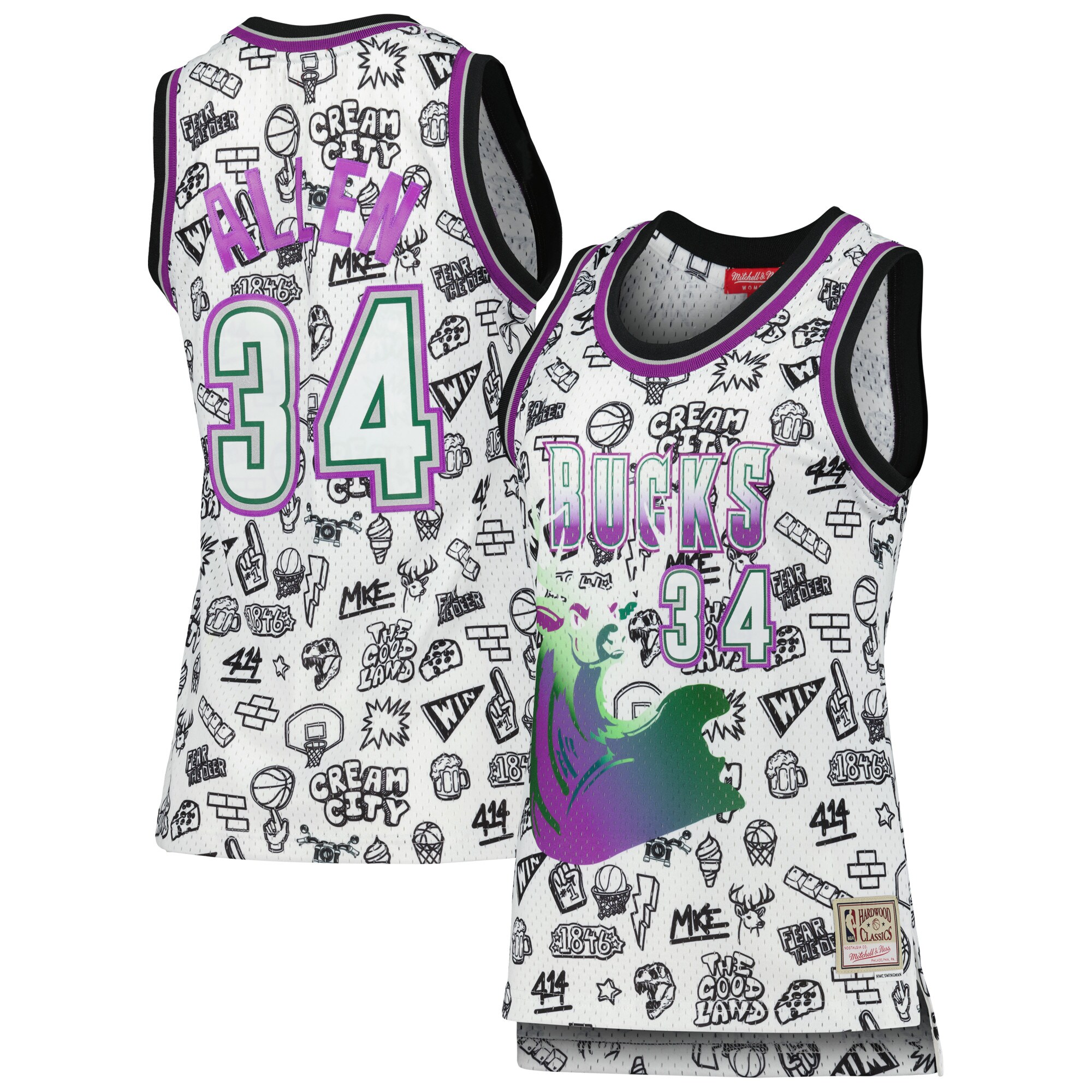 Ray Allen Milwaukee Bucks Mitchell & Ness Women's 1996 Doodle Swingman Jersey - White cheap jerseys for sale - CheapJerseys.Shop