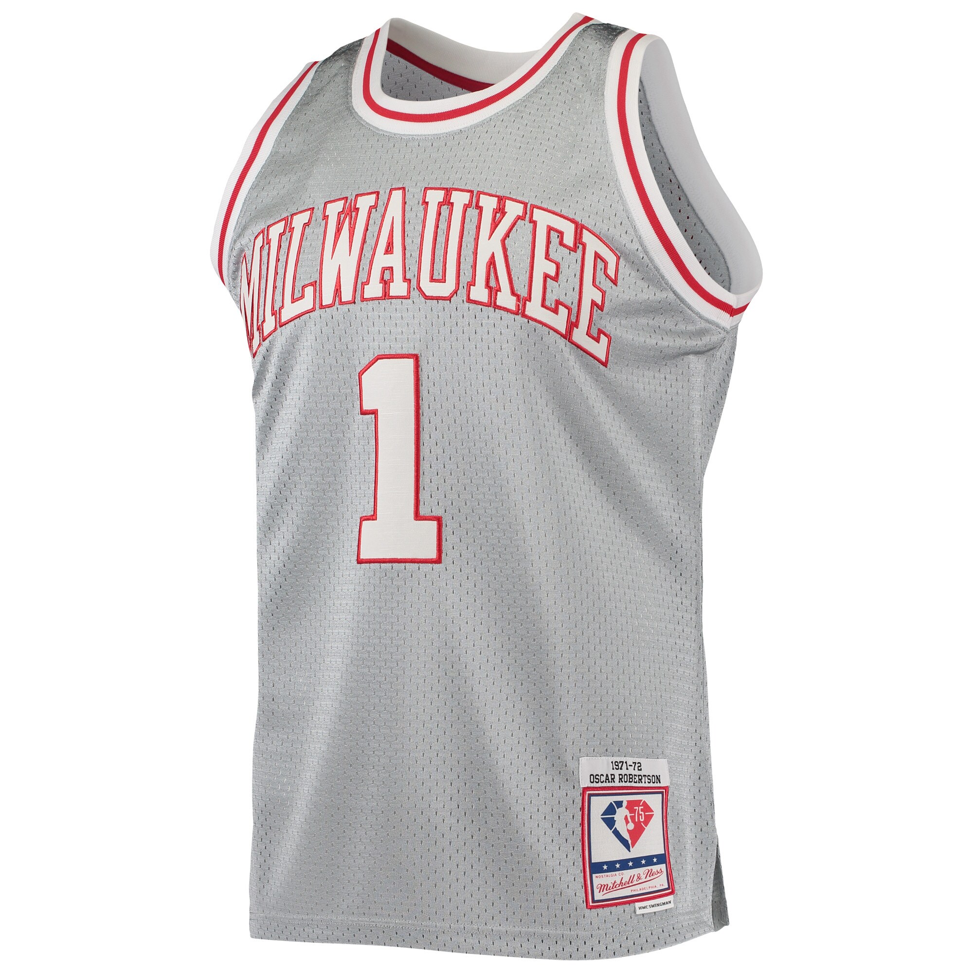 Oscar Robertson Milwaukee Bucks Mitchell & Ness 75th Anniversary 1971\/72 Hardwood Classics Swingman Jersey - Silver cheap jerseys for sale - CheapJerseys.Shop