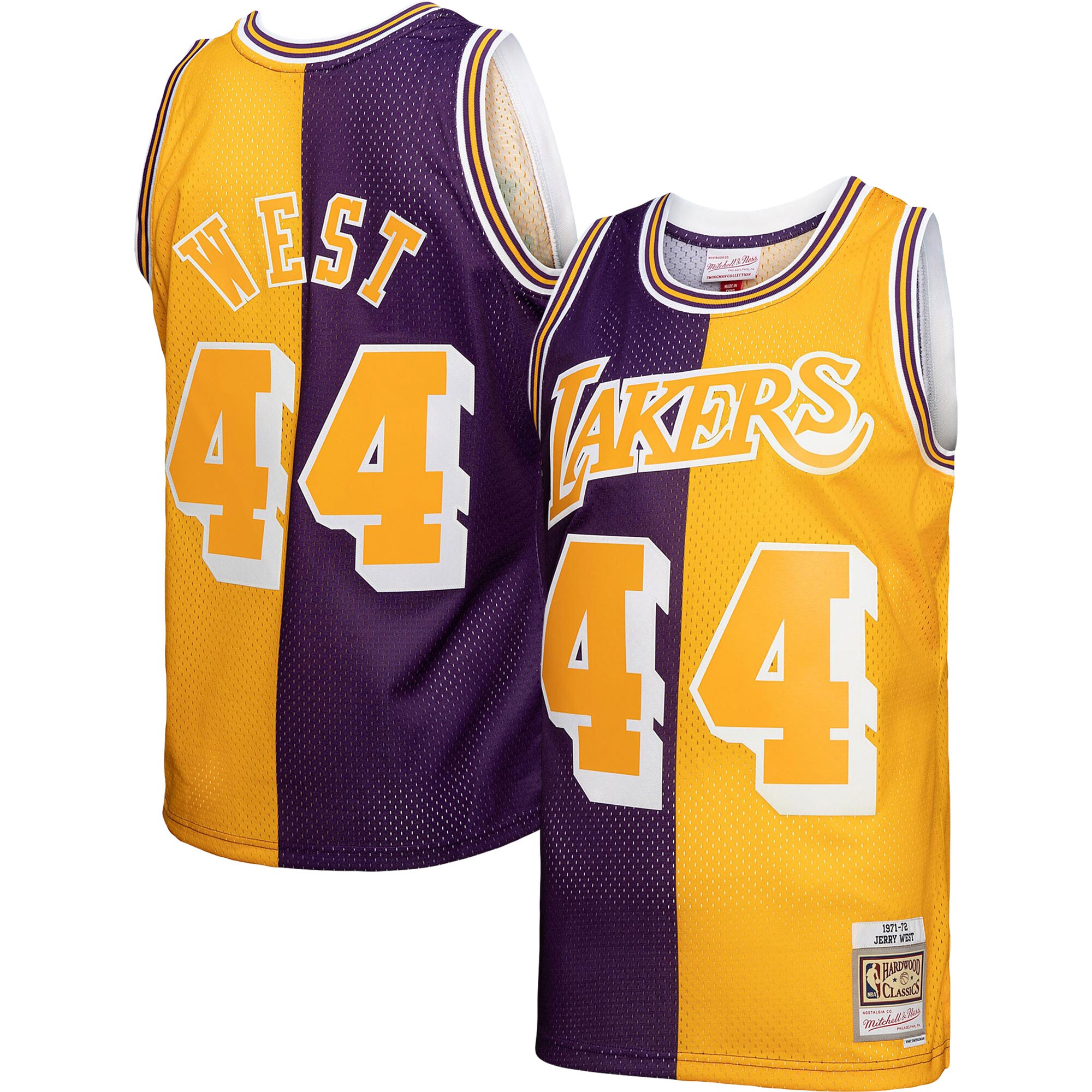 Jerry West Los Angeles Lakers Mitchell & Ness Hardwood Classics 1971\/72 Split Swingman Jersey - Purple\/Gold cheap jerseys for sale - CheapJerseys.Shop