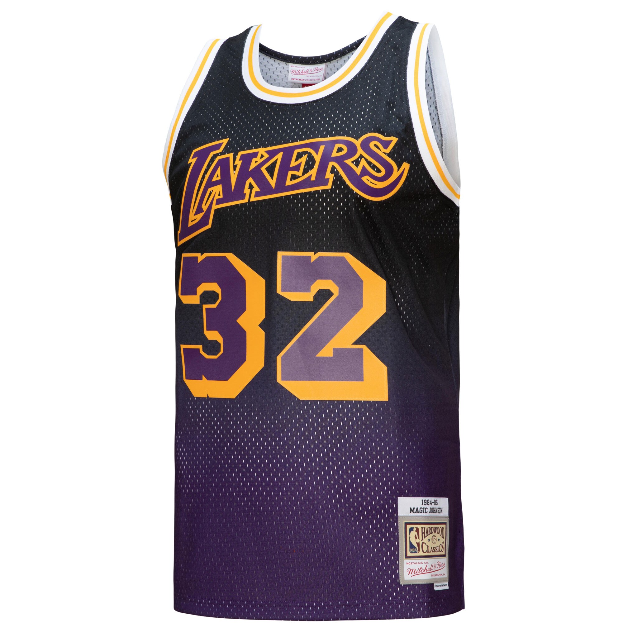 Magic Johnson Los Angeles Lakers Mitchell & Ness 1984\/85 Hardwood Classics Fadeaway Swingman Player Jersey - Purple\/Black cheap jerseys for sale - CheapJerseys.Shop