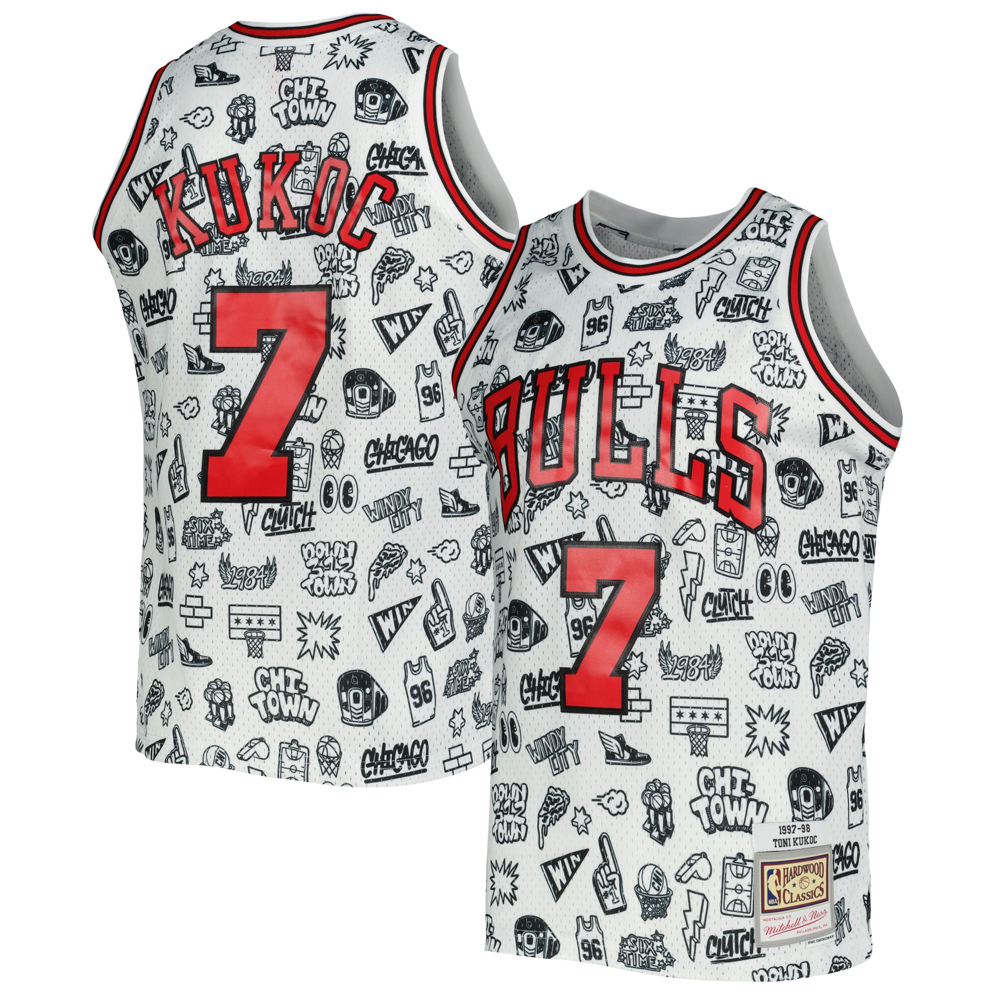 Toni Kukoc Chicago Bulls Mitchell & Ness 1997\/98 Hardwood Classics Doodle Swingman Jersey - White cheap jerseys for sale - CheapJerseys.Shop