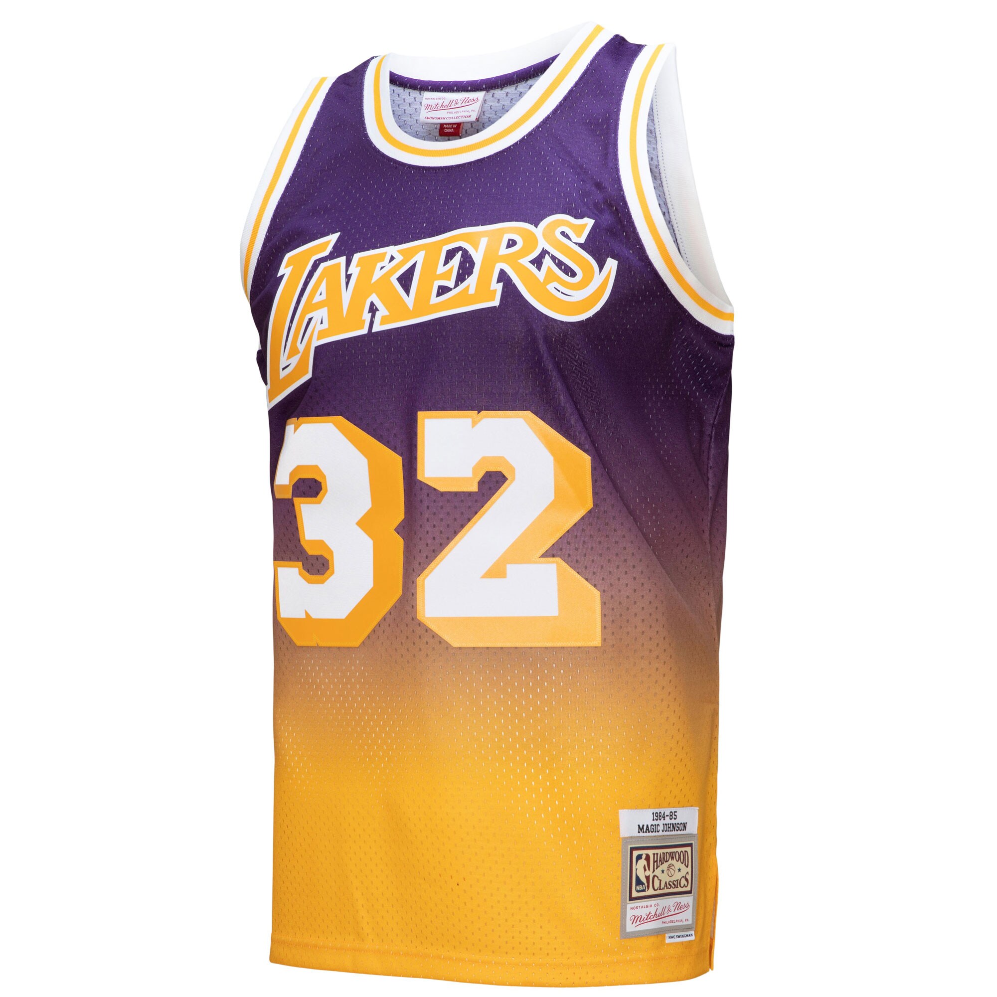 Magic Johnson Los Angeles Lakers Mitchell & Ness 1984\/85 Hardwood Classics Fadeaway Swingman Player Jersey - Gold\/Purple cheap jerseys for sale - CheapJerseys.Shop