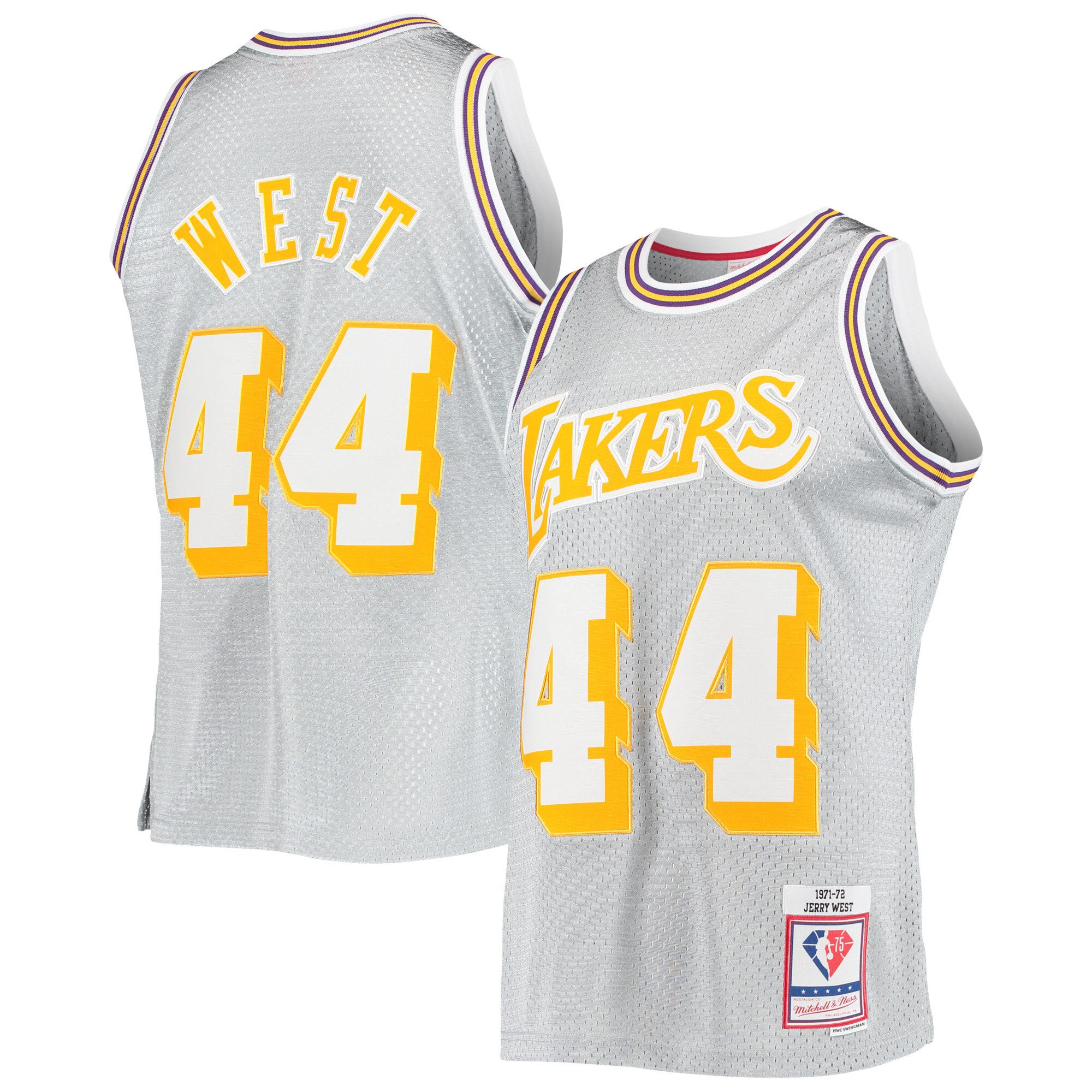Jerry West Los Angeles Lakers Mitchell & Ness 75th Anniversary 1971\/72 Hardwood Classics Swingman Jersey - Silver cheap jerseys for sale - CheapJerseys.Shop