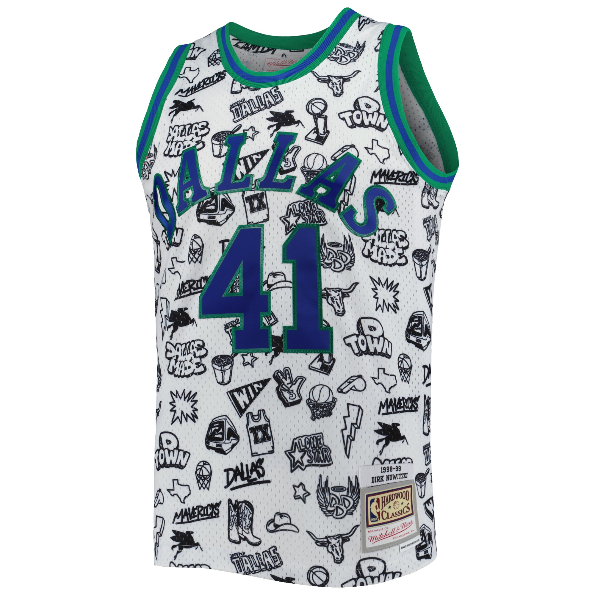 Dirk Nowitzki Dallas Mavericks Mitchell & Ness 1998\/99 Hardwood Classics Doodle Swingman Jersey - White cheap jerseys for sale - CheapJerseys.Shop