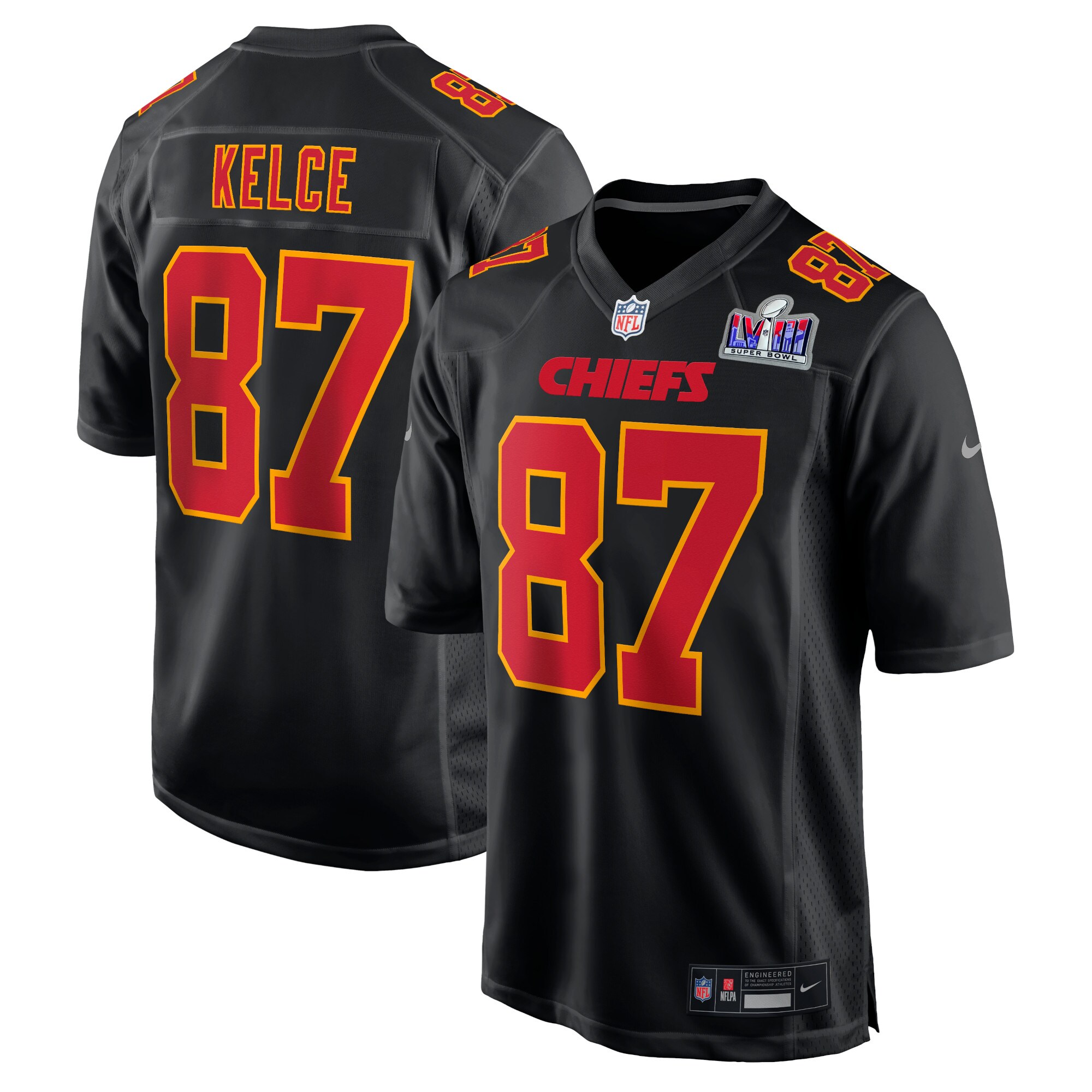 Travis Kelce Kansas City Chiefs Super Bowl LVIII Carbon Fashion Game Player Jersey - Black cheap jerseys for sale - CheapJerseys.Shop