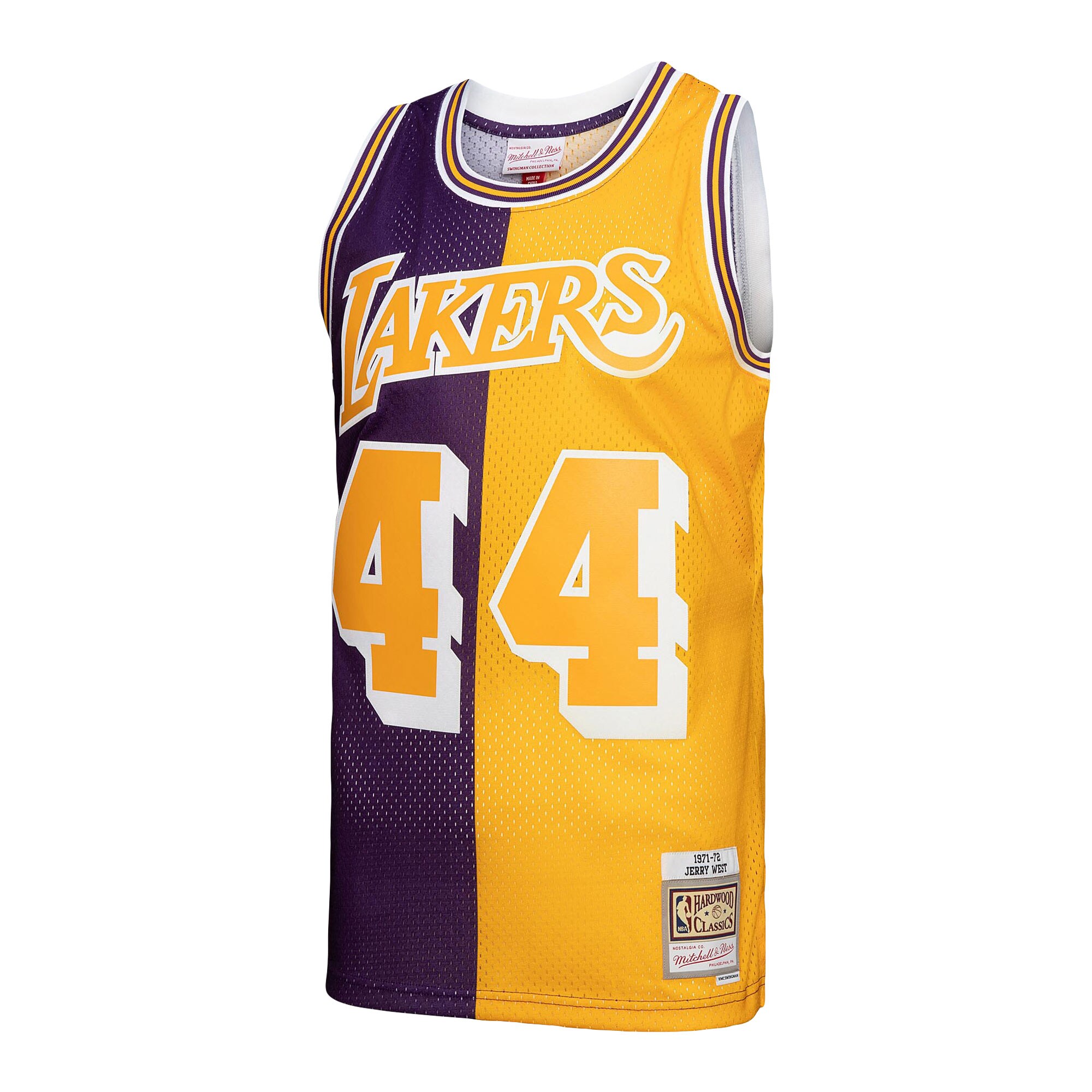 Jerry West Los Angeles Lakers Mitchell & Ness Hardwood Classics 1971\/72 Split Swingman Jersey - Purple\/Gold cheap jerseys for sale - CheapJerseys.Shop