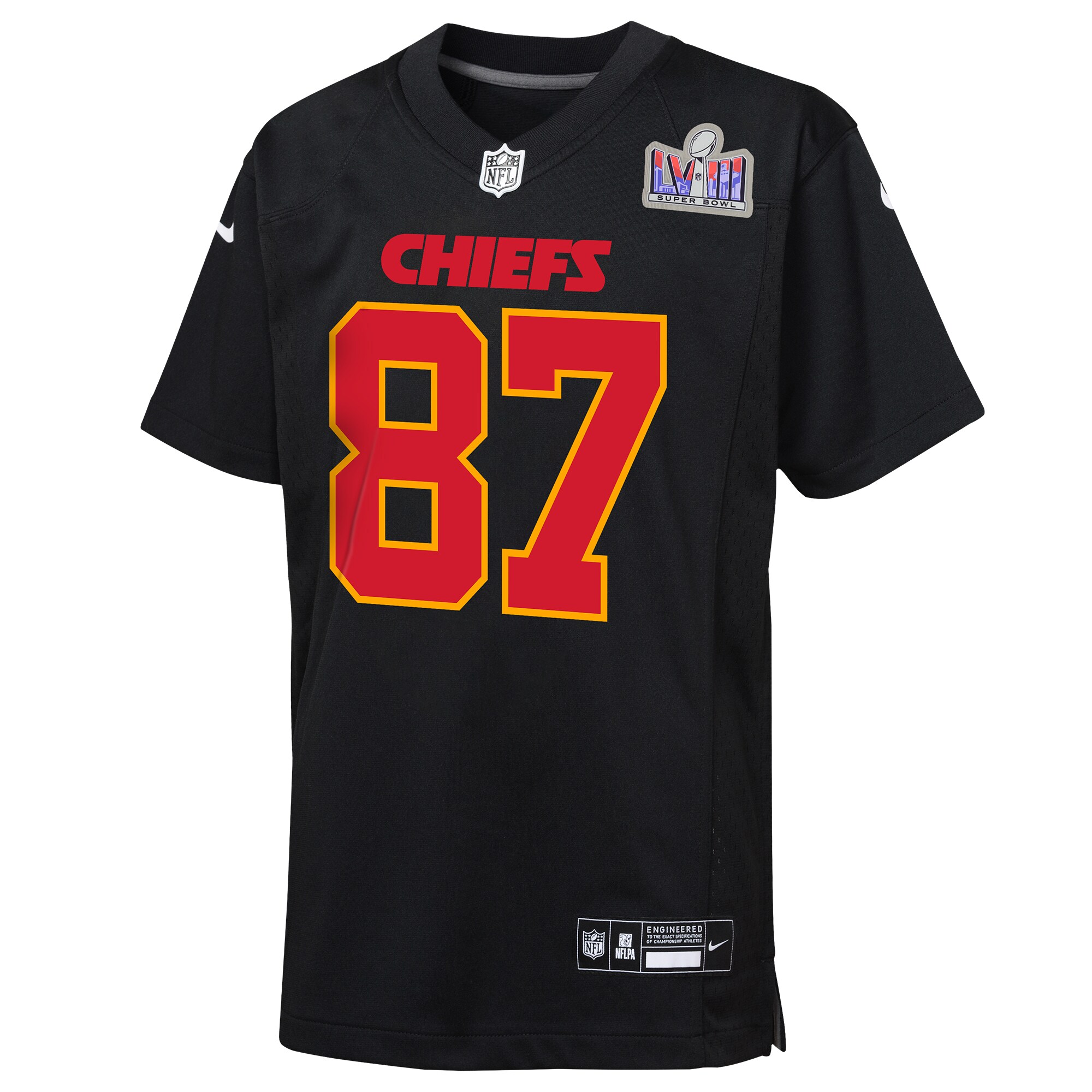 Travis Kelce Kansas City Chiefs Youth Super Bowl LVIII Patch Carbon Fashion Game Jersey - Black cheap jerseys for sale - CheapJerseys.Shop