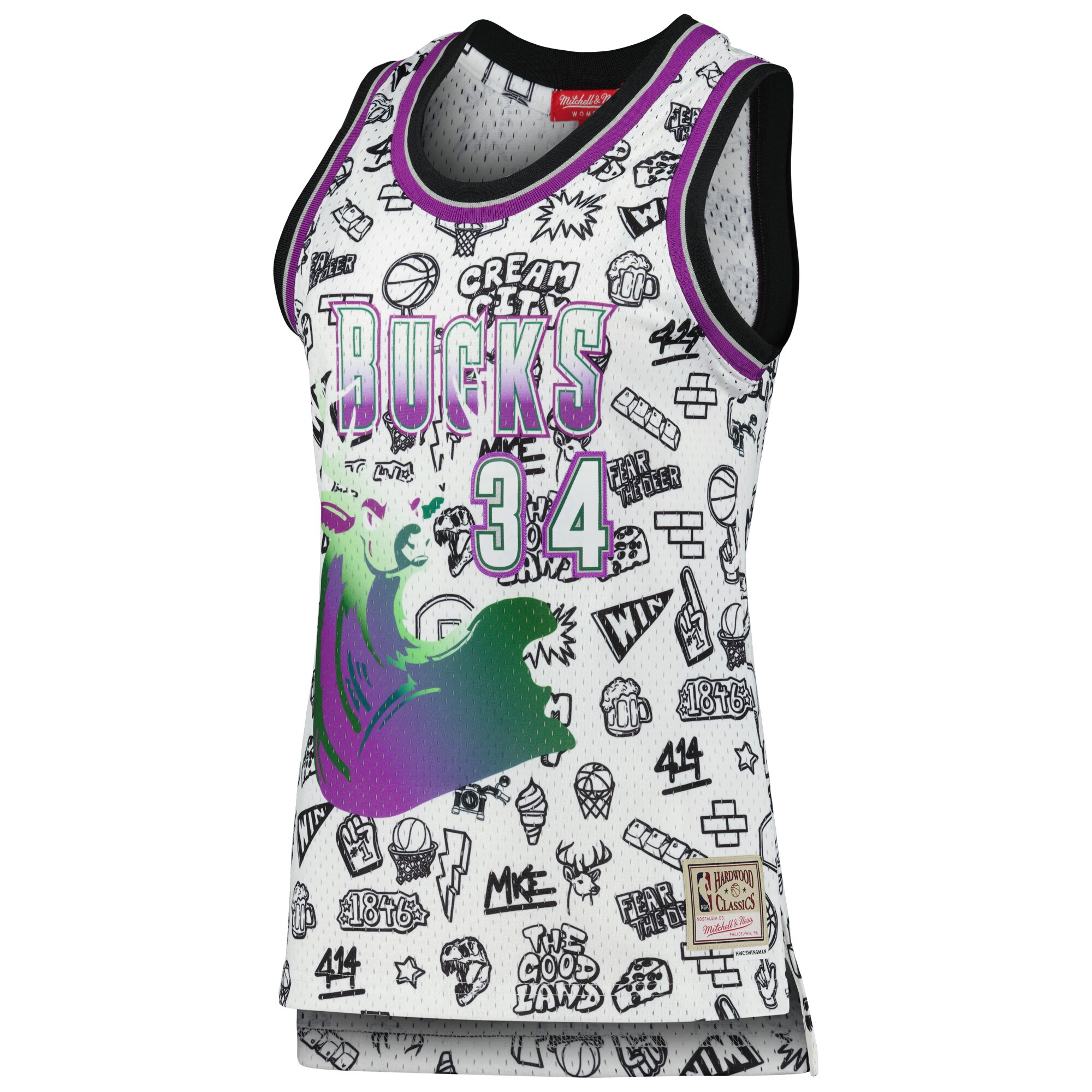 Ray Allen Milwaukee Bucks Mitchell & Ness Women's 1996 Doodle Swingman Jersey - White cheap jerseys for sale - CheapJerseys.Shop