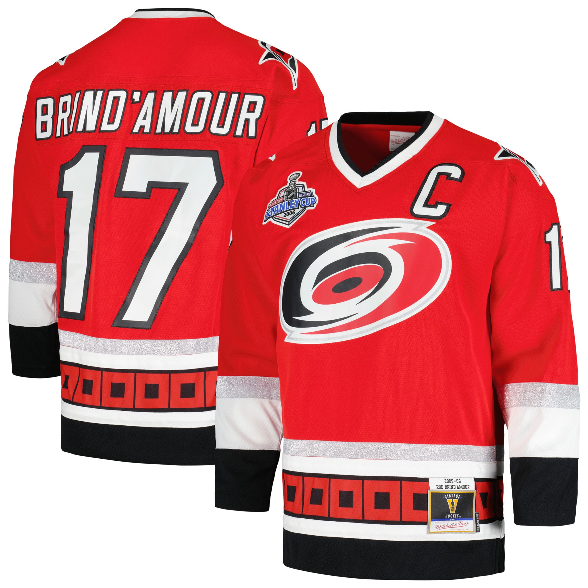 Rod Brind'Amour Carolina Hurricanes Mitchell & Ness 2005\/06 Captain Patch Blue Line Player Jersey - Red cheap jerseys for sale - CheapJerseys.Shop