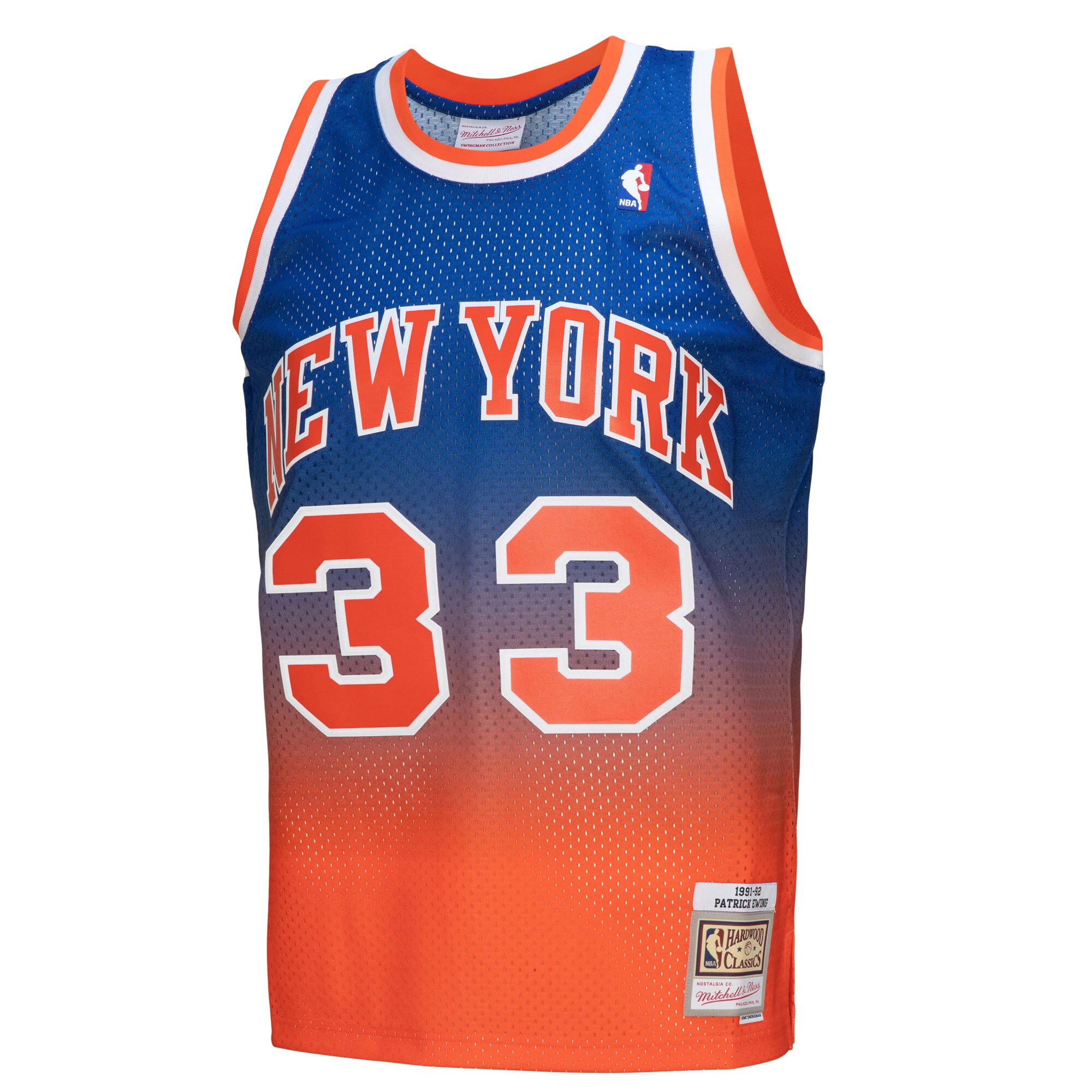 Patrick Ewing New York Knicks Mitchell & Ness 1991\/92 Hardwood Classics Fadeaway Swingman Player Jersey - Orange\/Royal cheap jerseys for sale - CheapJerseys.Shop