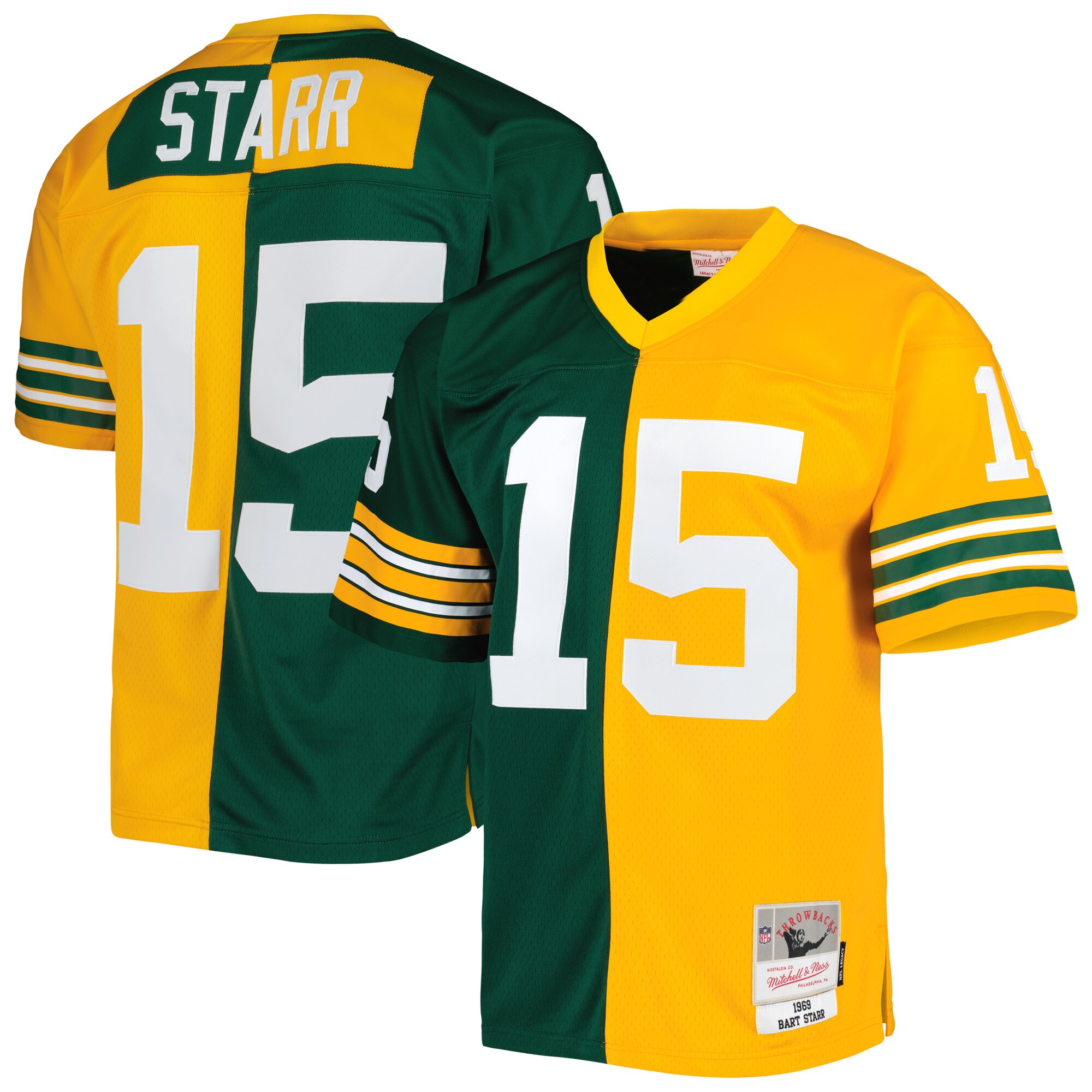 Bart Starr Green Bay Packers Mitchell & Ness 1969 Split Legacy Replica Jersey - Green\/Gold cheap jerseys for sale - CheapJerseys.Shop