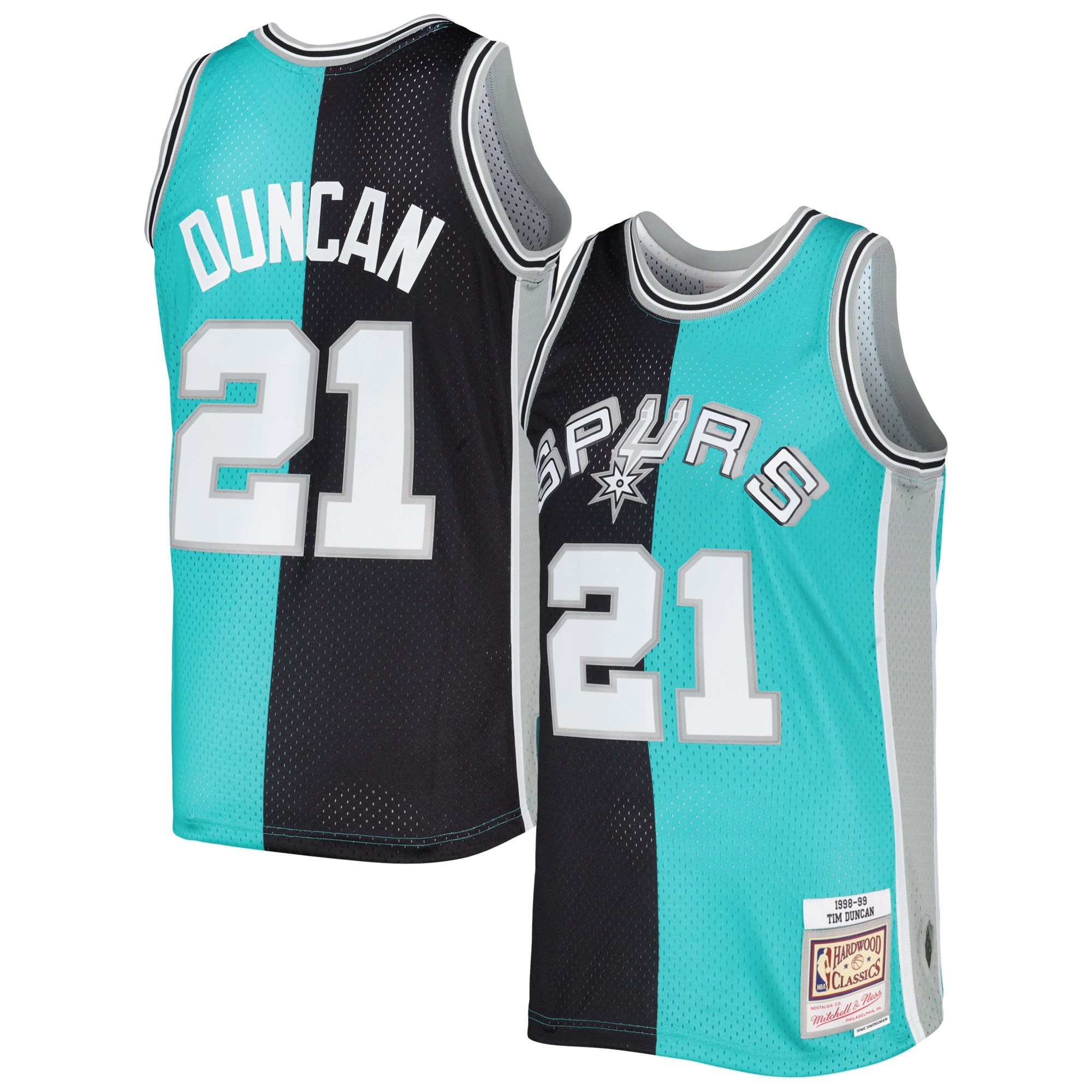 Tim Duncan San Antonio Spurs Mitchell & Ness Hardwood Classics 1998\/99 Split Swingman Jersey - Black\/Teal cheap jerseys for sale - CheapJerseys.Shop