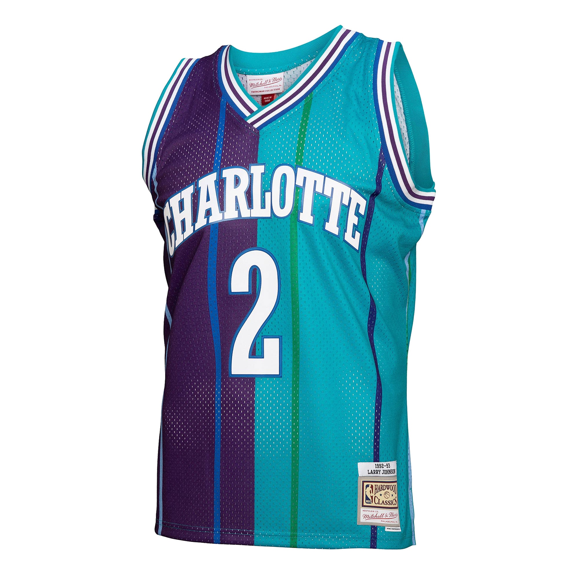 Larry Johnson Charlotte Hornets Mitchell & Ness Hardwood Classics Mitchell & Ness Split Swingman Jersey - Teal\/Purple cheap jerseys for sale - CheapJerseys.Shop