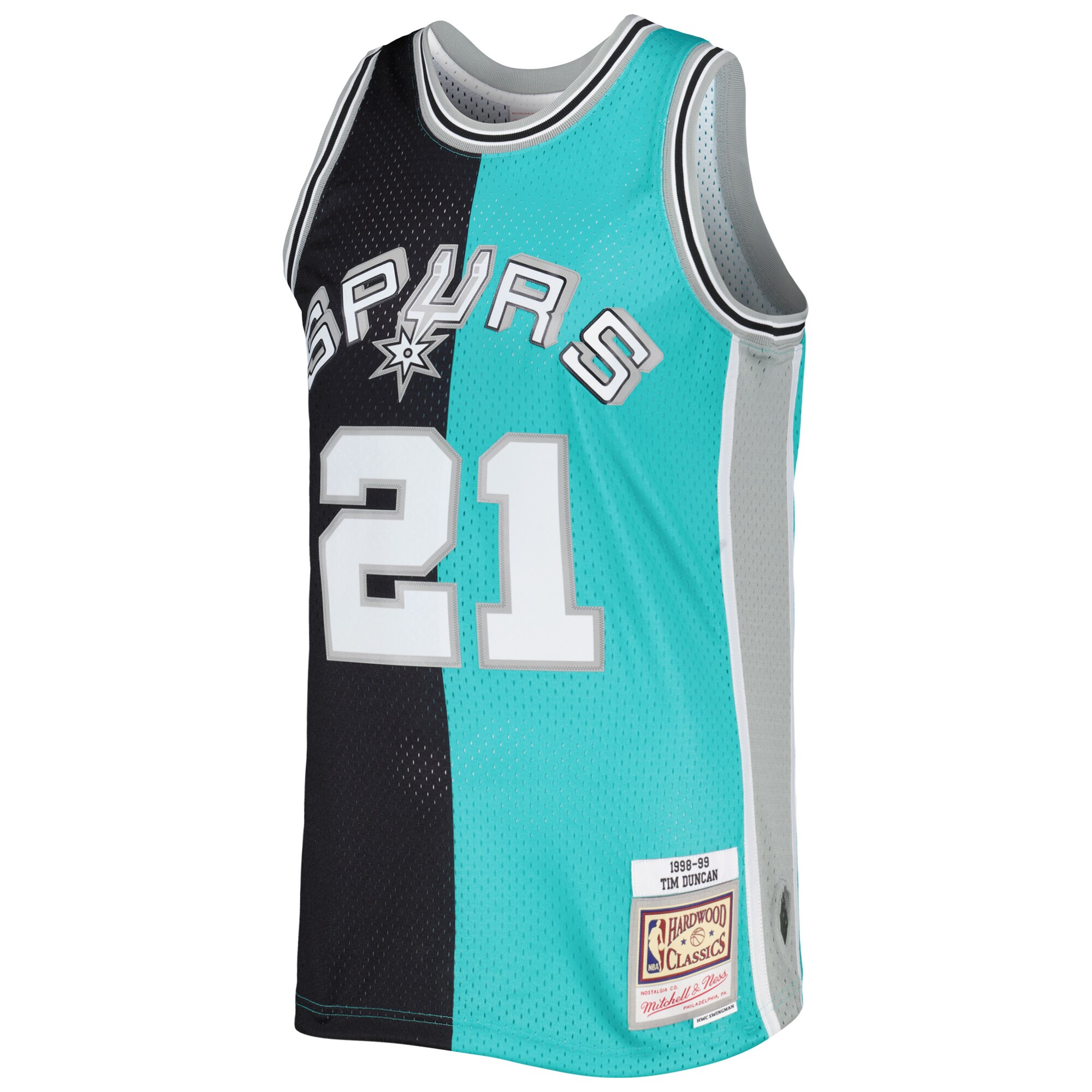 Tim Duncan San Antonio Spurs Mitchell & Ness Hardwood Classics 1998\/99 Split Swingman Jersey - Black\/Teal cheap jerseys for sale - CheapJerseys.Shop