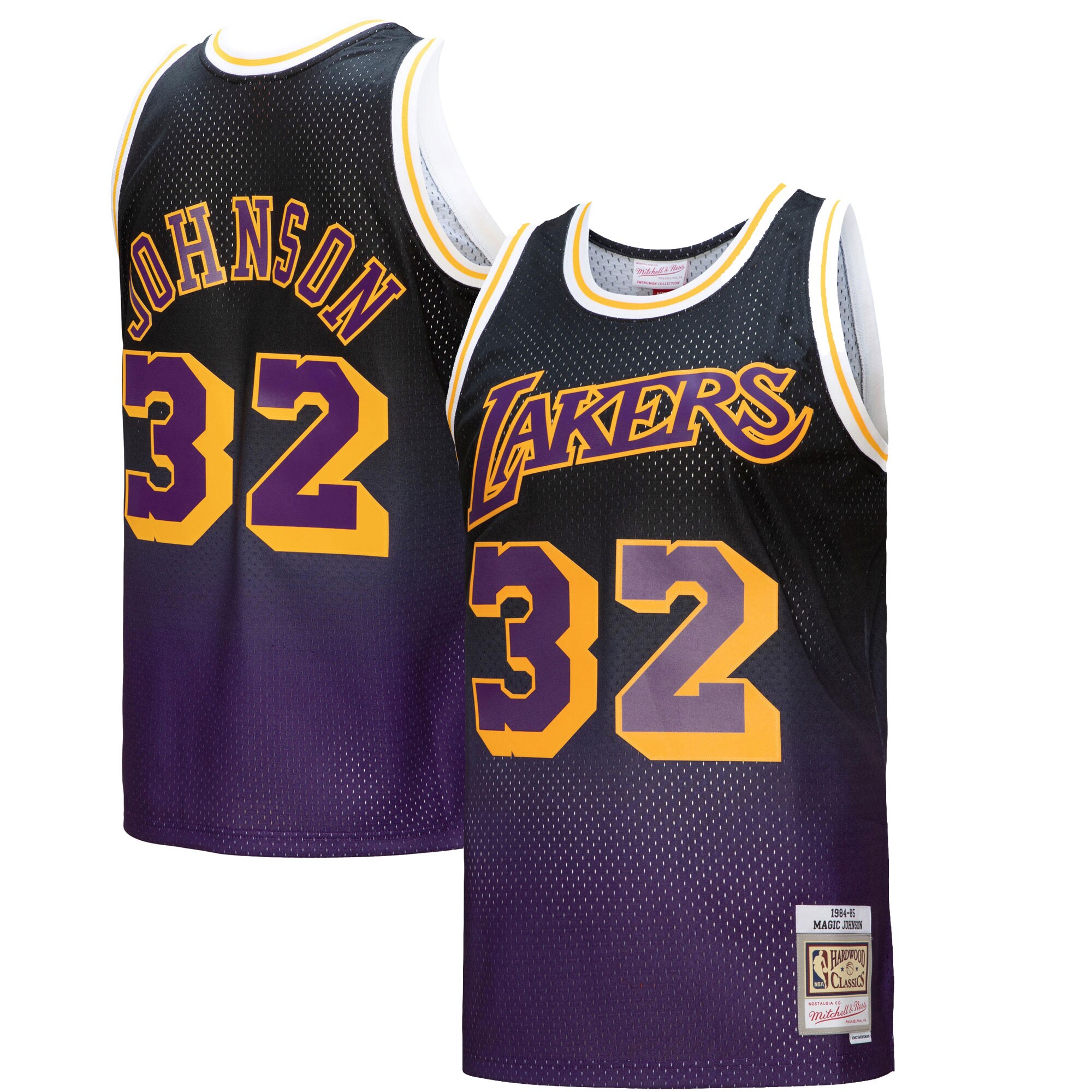 Magic Johnson Los Angeles Lakers Mitchell & Ness 1984\/85 Hardwood Classics Fadeaway Swingman Player Jersey - Purple\/Black cheap jerseys for sale - CheapJerseys.Shop