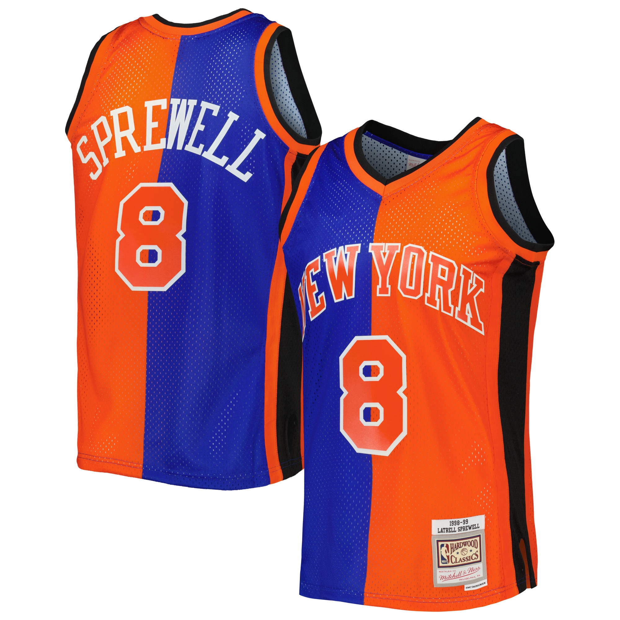 Latrell Sprewell New York Knicks Mitchell & Ness Hardwood Classics 1998\/99 Split Swingman Jersey - Blue\/Orange cheap jerseys for sale - CheapJerseys.Shop