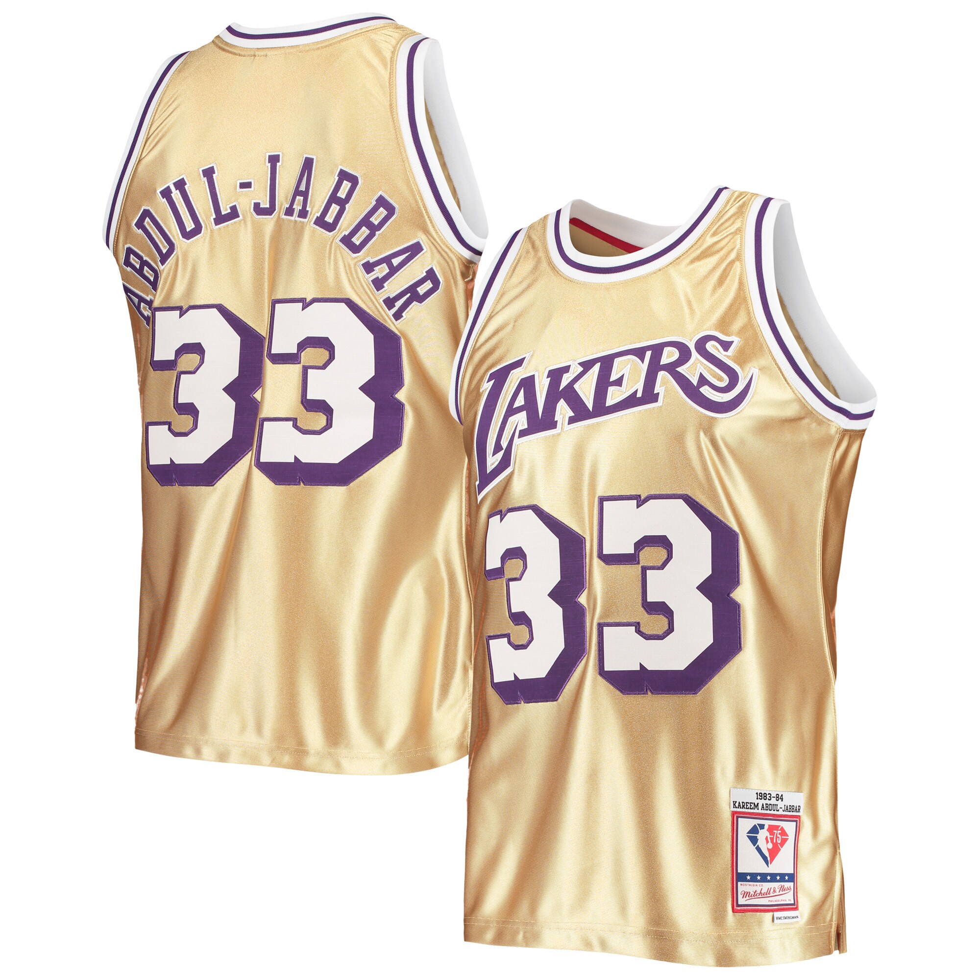 Kareem Abdul-Jabbar Los Angeles Lakers Mitchell & Ness 75th Anniversary 1983\/84 Hardwood Classics Swingman Jersey - Gold cheap jerseys for sale - CheapJerseys.Shop