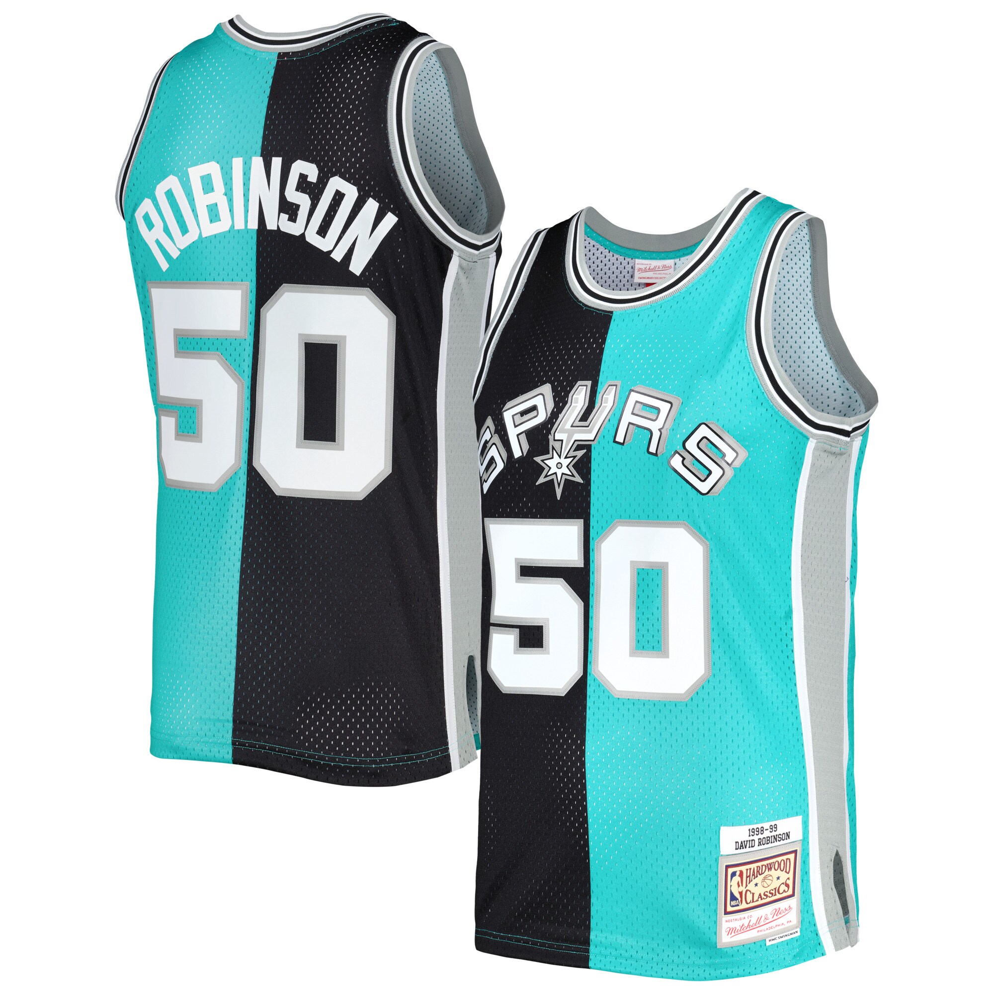 David Robinson San Antonio Spurs Mitchell & Ness Hardwood Classics 1998\/99 Split Swingman Jersey - Black\/Teal cheap jerseys for sale - CheapJerseys.Shop