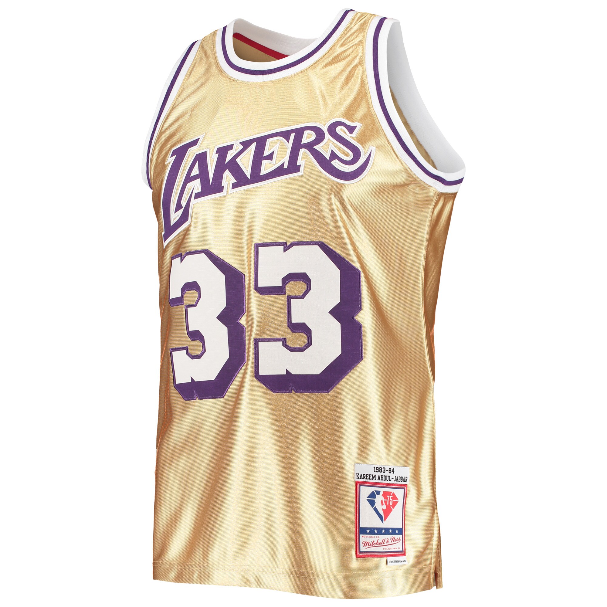 Kareem Abdul-Jabbar Los Angeles Lakers Mitchell & Ness 75th Anniversary 1983\/84 Hardwood Classics Swingman Jersey - Gold cheap jerseys for sale - CheapJerseys.Shop