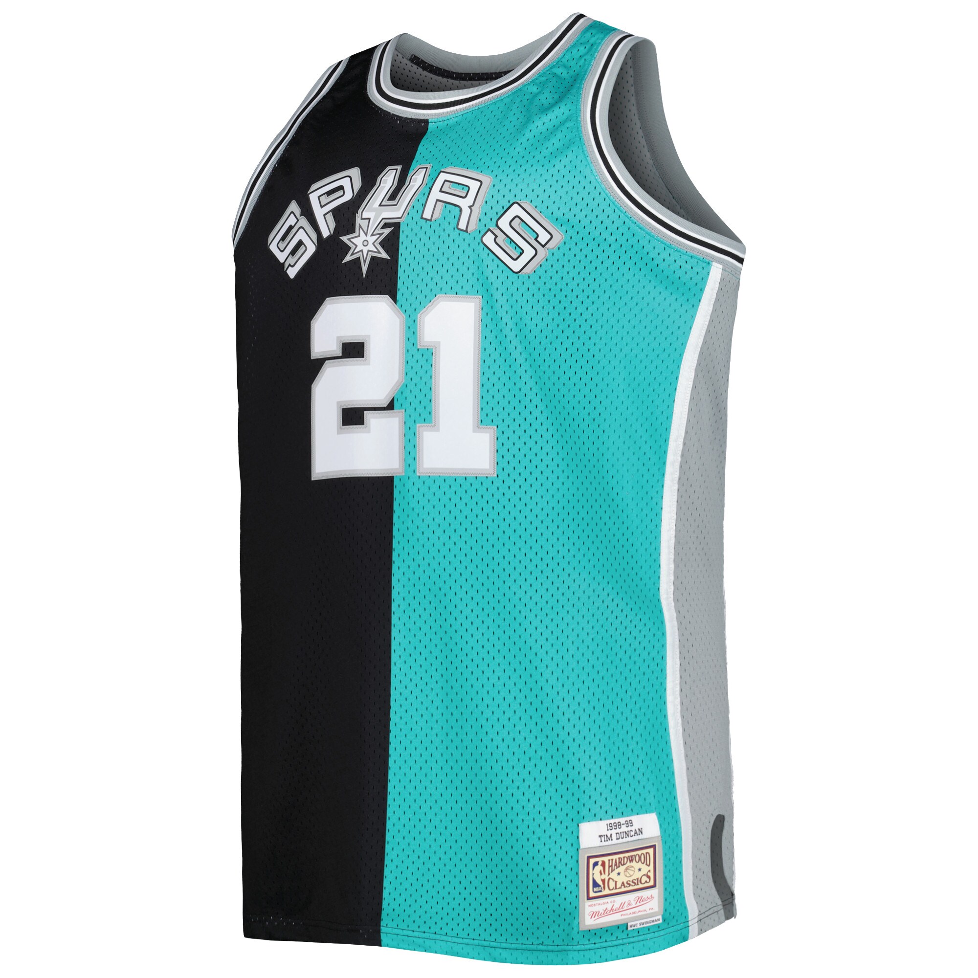 Tim Duncan San Antonio Spurs Mitchell & Ness Big & Tall Hardwood Classics 1998\/99 Split Swingman Jersey - Black\/Teal cheap jerseys for sale - CheapJerseys.Shop
