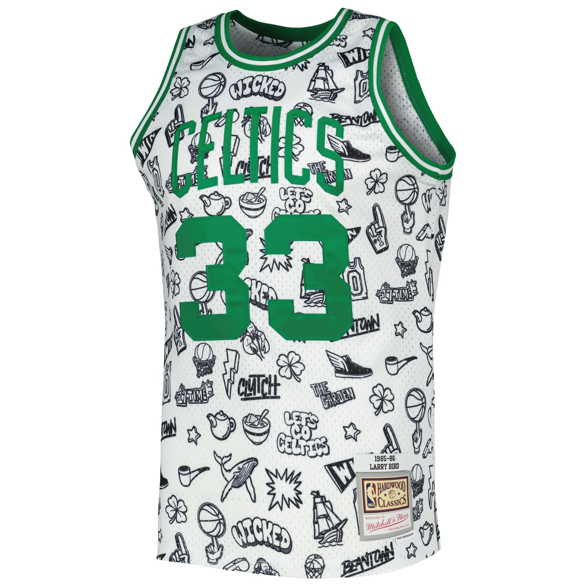 Larry Bird Boston Celtics Mitchell & Ness 1985\/86 Hardwood Classics Doodle Swingman Jersey - White cheap jerseys for sale - CheapJerseys.Shop