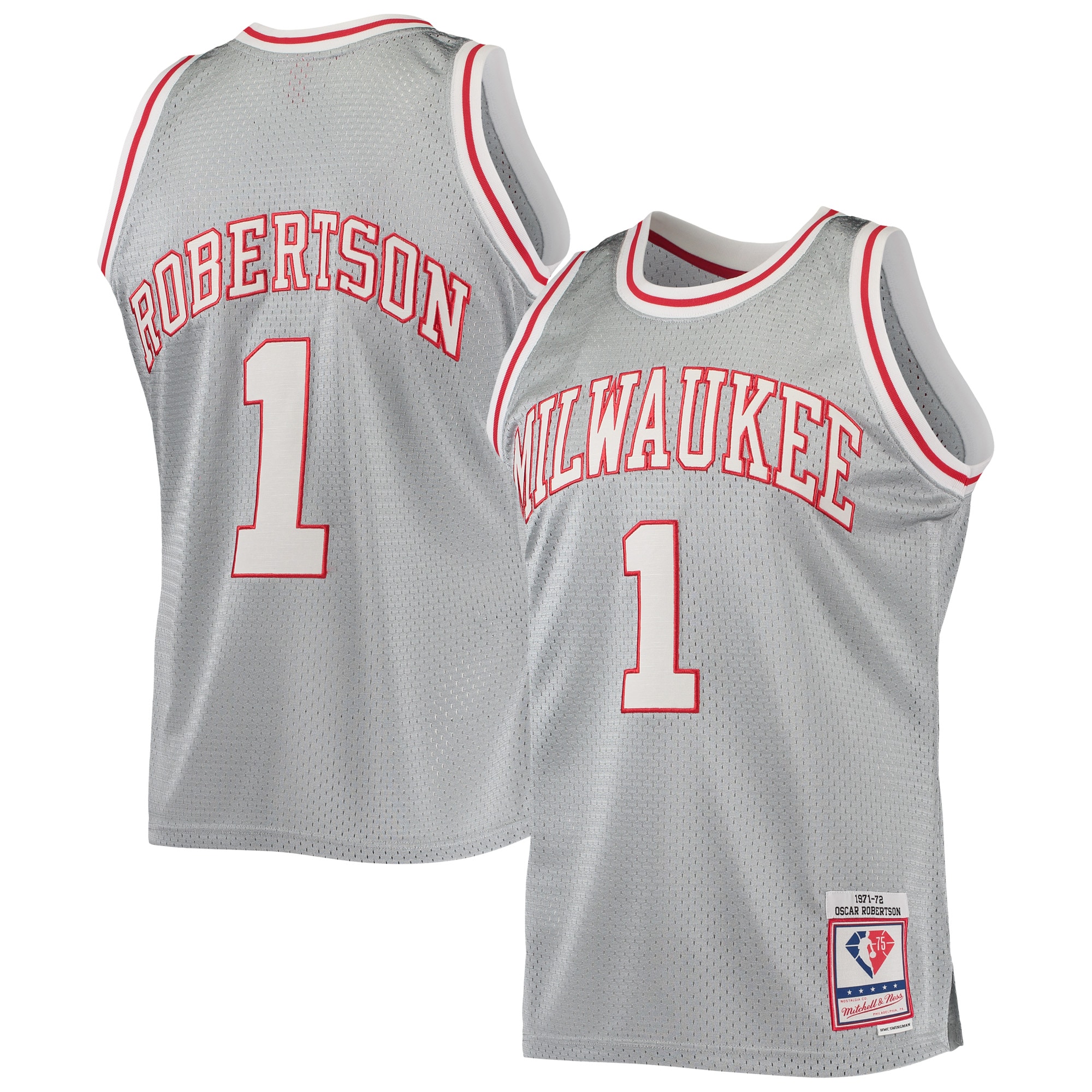 Oscar Robertson Milwaukee Bucks Mitchell & Ness 75th Anniversary 1971\/72 Hardwood Classics Swingman Jersey - Silver cheap jerseys for sale - CheapJerseys.Shop