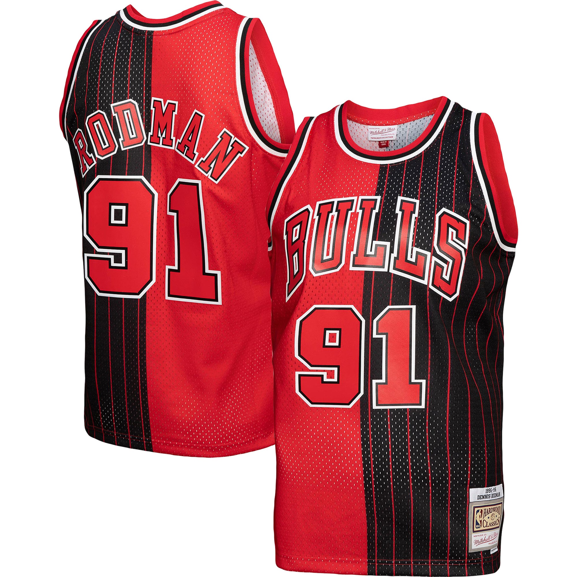 Dennis Rodman Chicago Bulls Mitchell & Ness Hardwood Classics 1995\/96 Split Swingman Jersey - Red\/Black cheap jerseys for sale - CheapJerseys.Shop