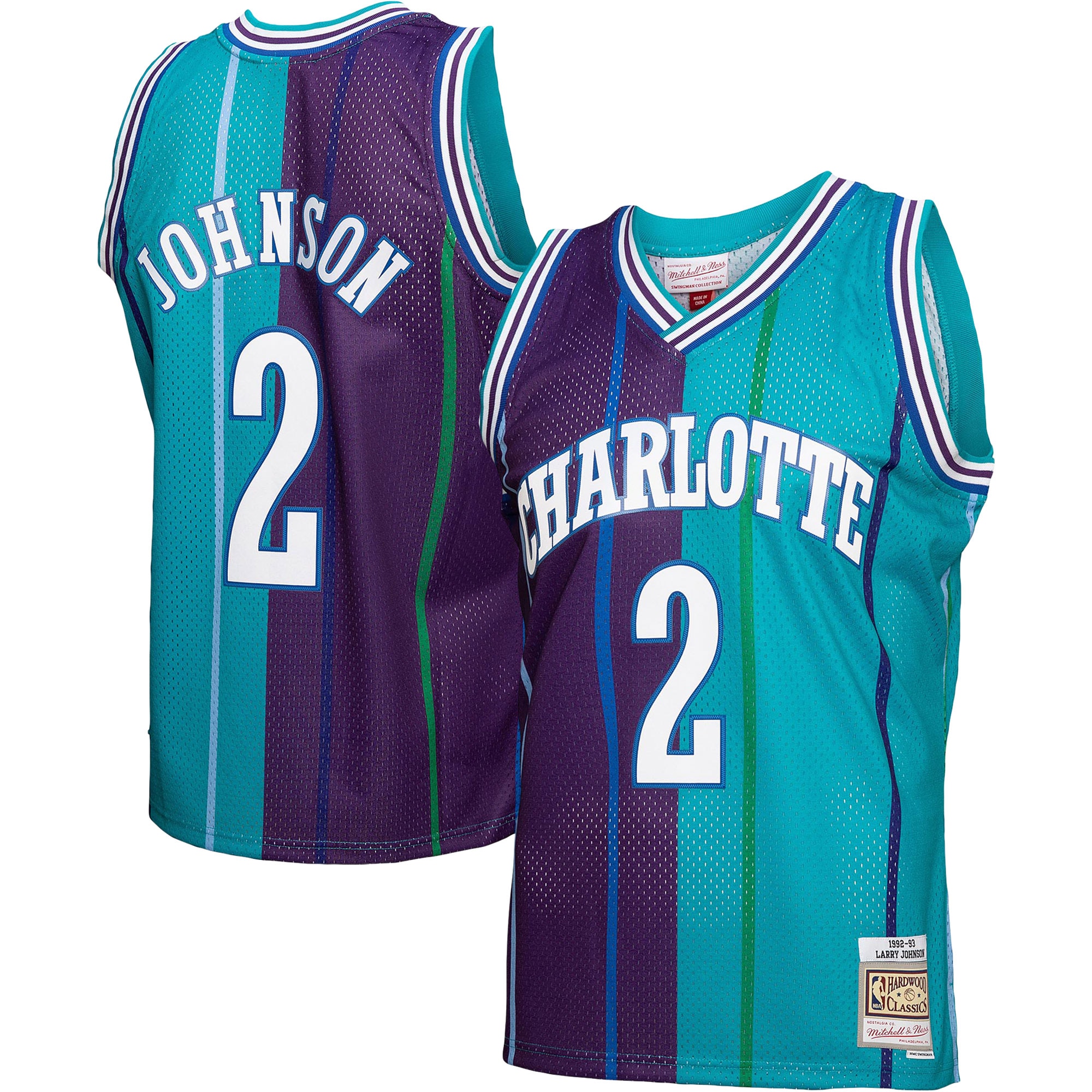 Larry Johnson Charlotte Hornets Mitchell & Ness Hardwood Classics Mitchell & Ness Split Swingman Jersey - Teal\/Purple cheap jerseys for sale - CheapJerseys.Shop