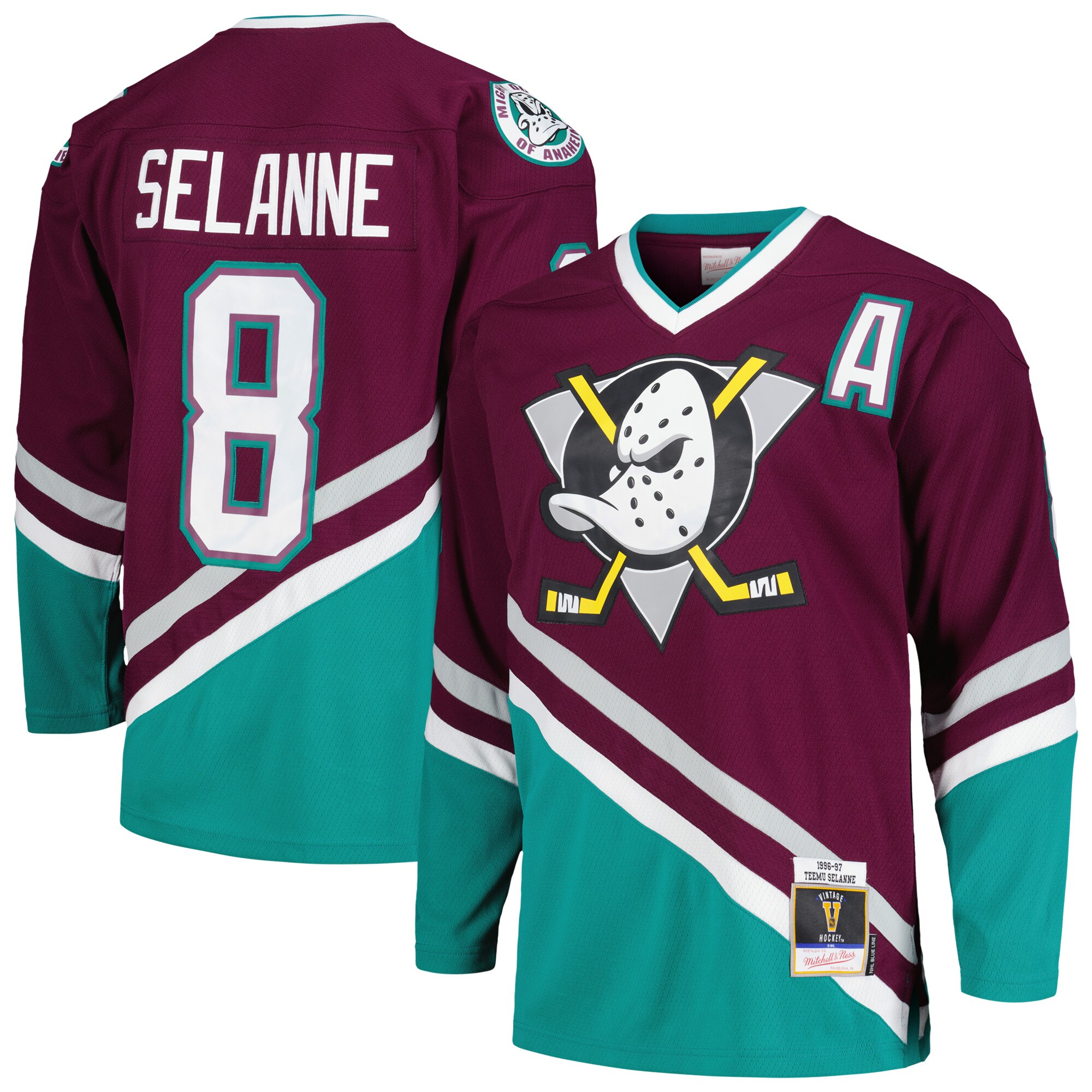 Teemu Selanne Anaheim Ducks Mitchell & Ness 1996\/97 Alternate Captain Patch Blue Line Player Jersey - Purple cheap jerseys for sale - CheapJerseys.Shop