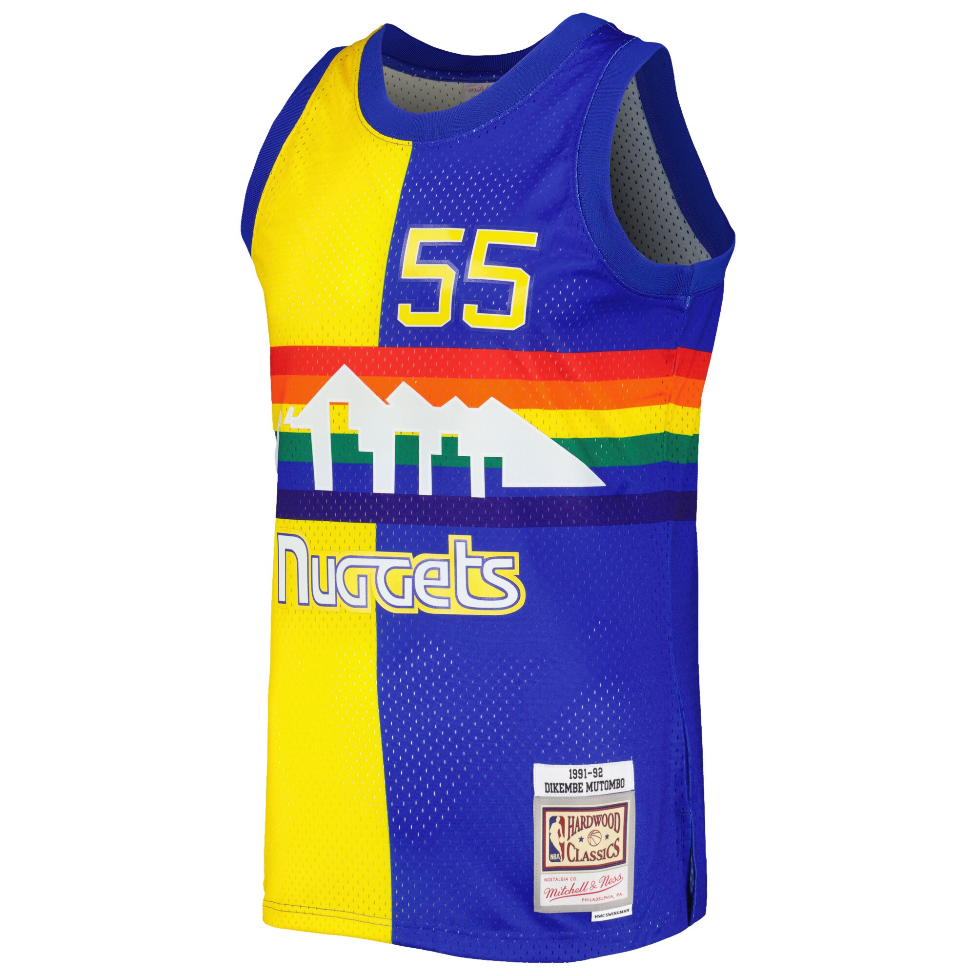 Dikembe Mutombo Denver Nuggets Mitchell & Ness Hardwood Classics 1991\/92 Split Swingman Jersey - Royal\/Gold cheap jerseys for sale - CheapJerseys.Shop