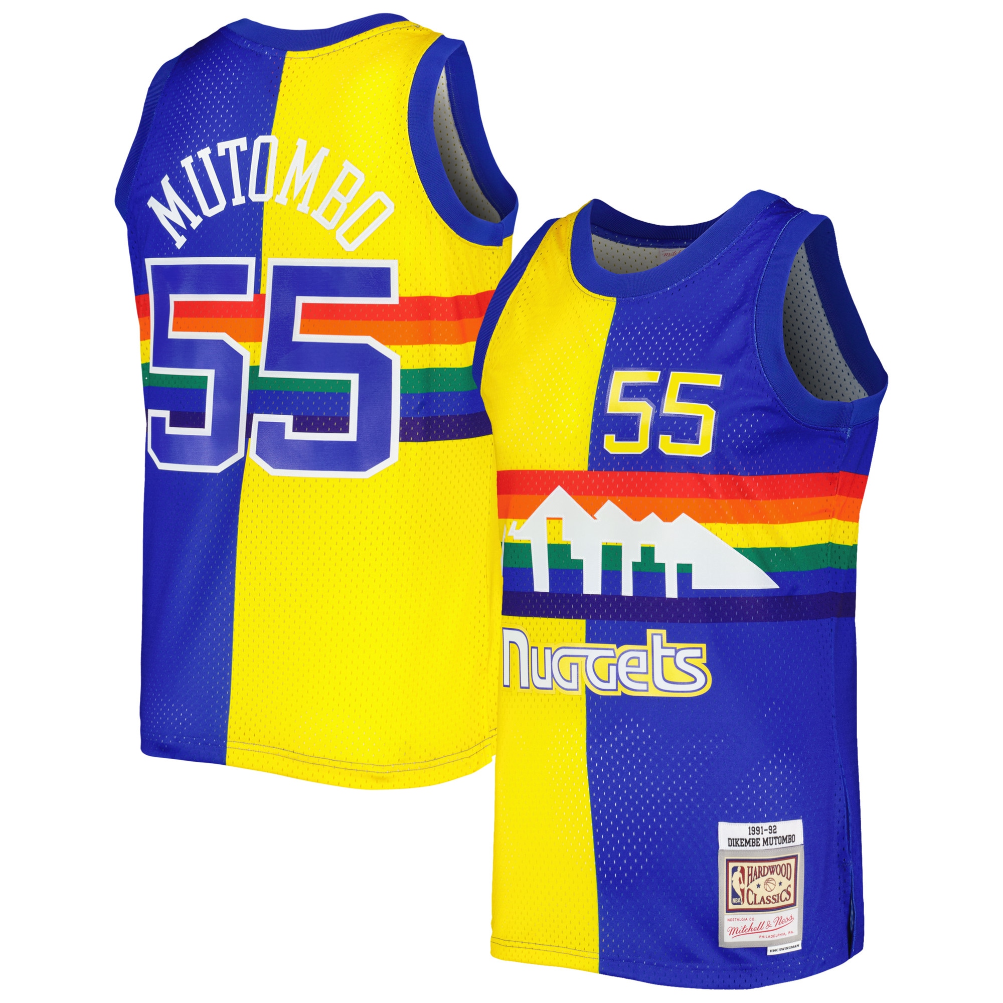 Dikembe Mutombo Denver Nuggets Mitchell & Ness Hardwood Classics 1991\/92 Split Swingman Jersey - Royal\/Gold cheap jerseys for sale - CheapJerseys.Shop
